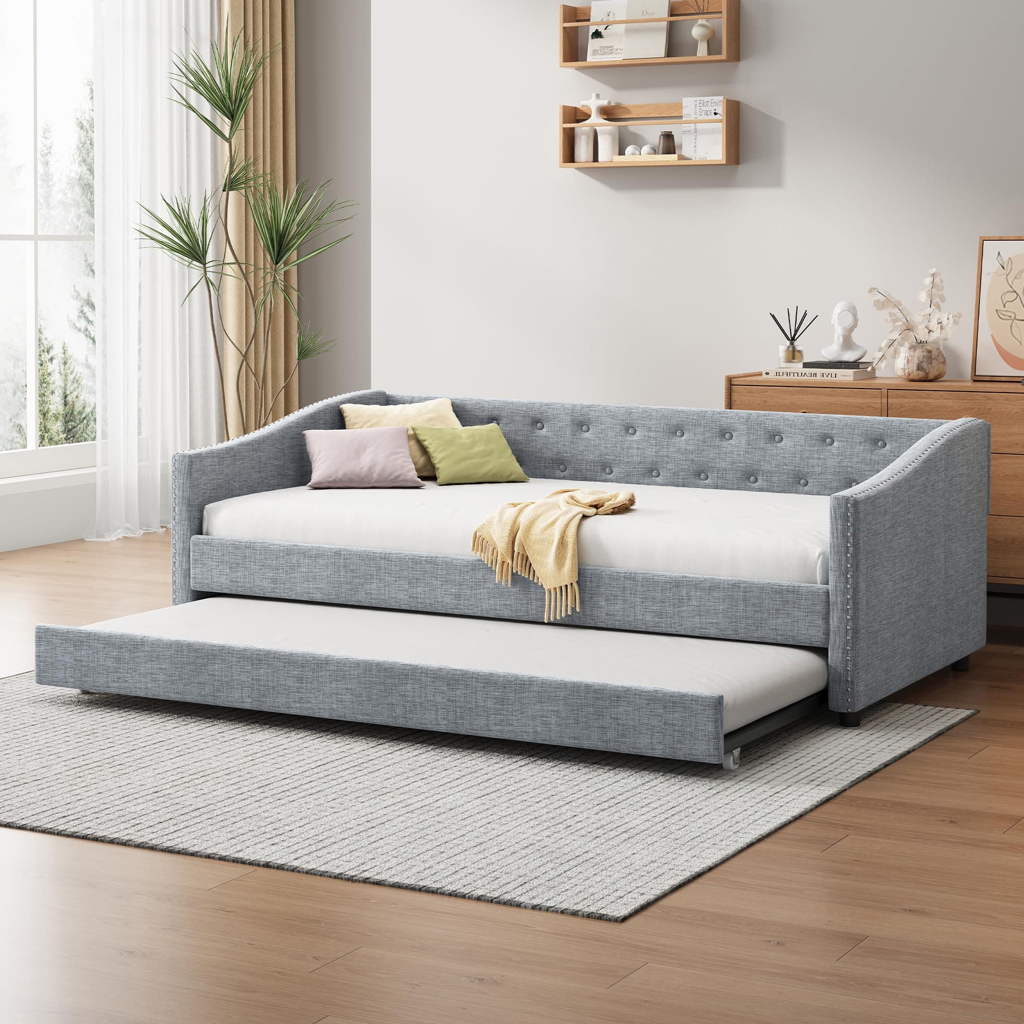 Light Grey Twin Daybed with Trundle and Button Tufted Upholstery