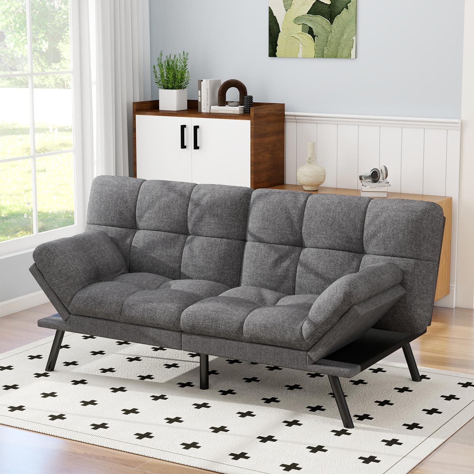 MUUEGM Light Gray Linen Reversible Splitback Recliner Loveseat 71" Futon Couch