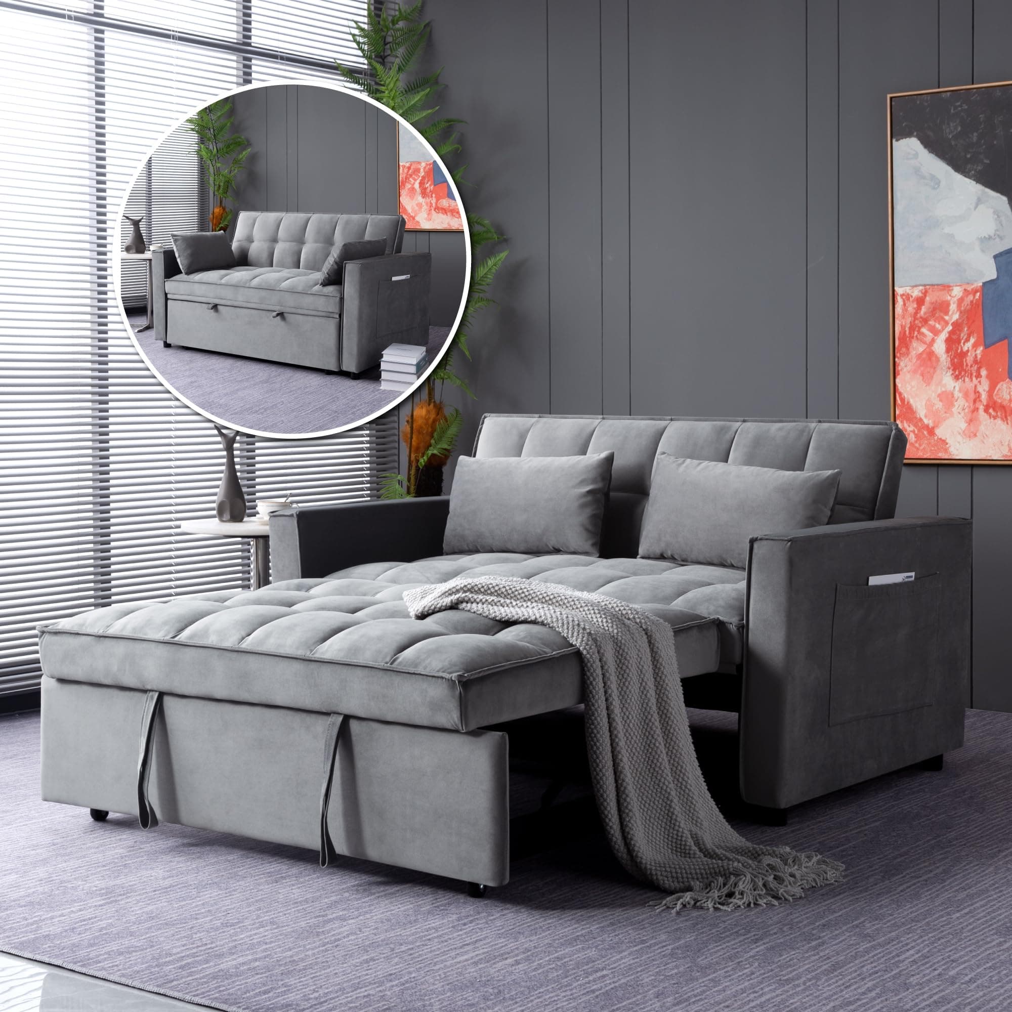55" Convertible Velvet Sleeper Sofa Bed with Storage | Grey