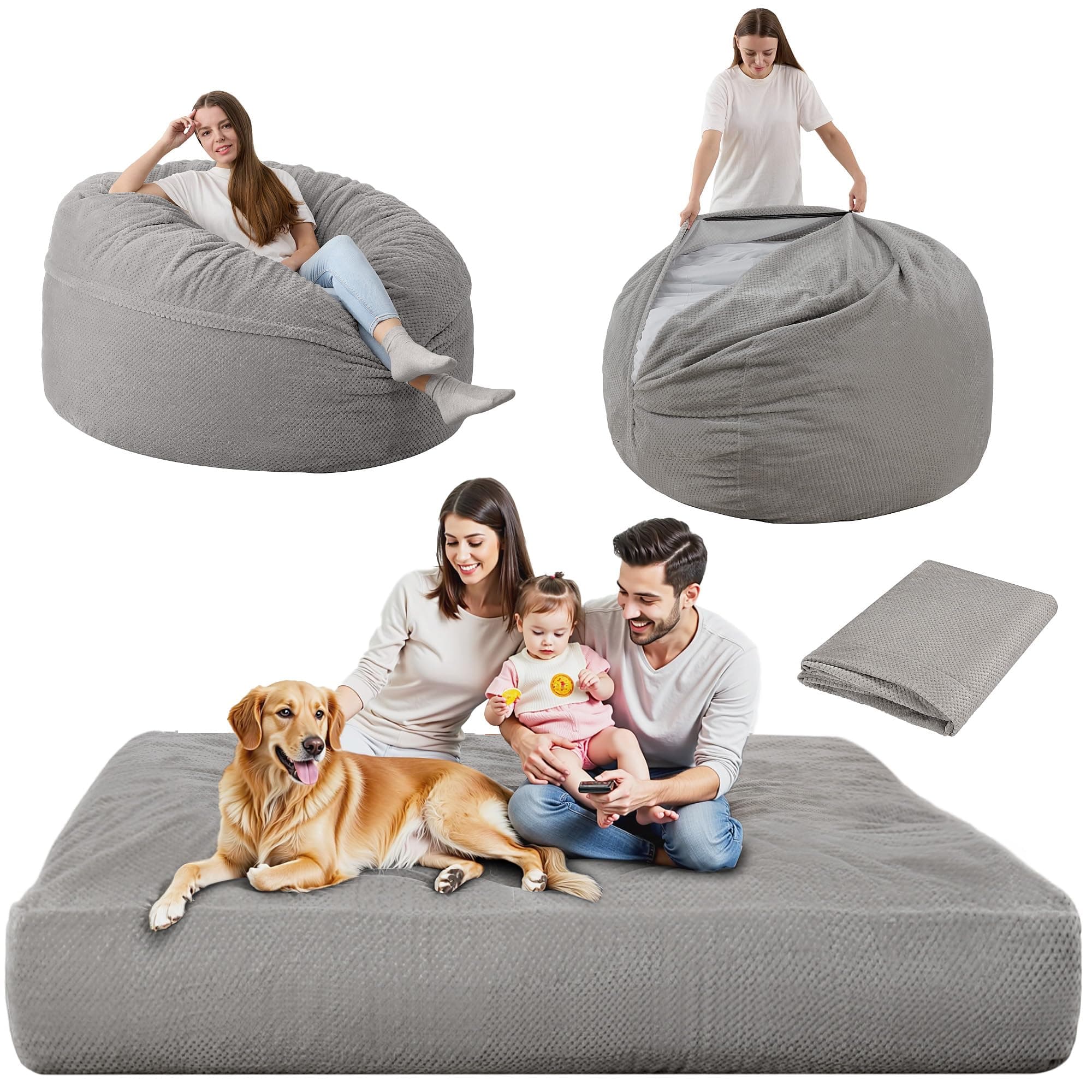 HABUTWAY Grey Queen Giant Chenille Bean Bag Chair, Ultra Soft & Convertible