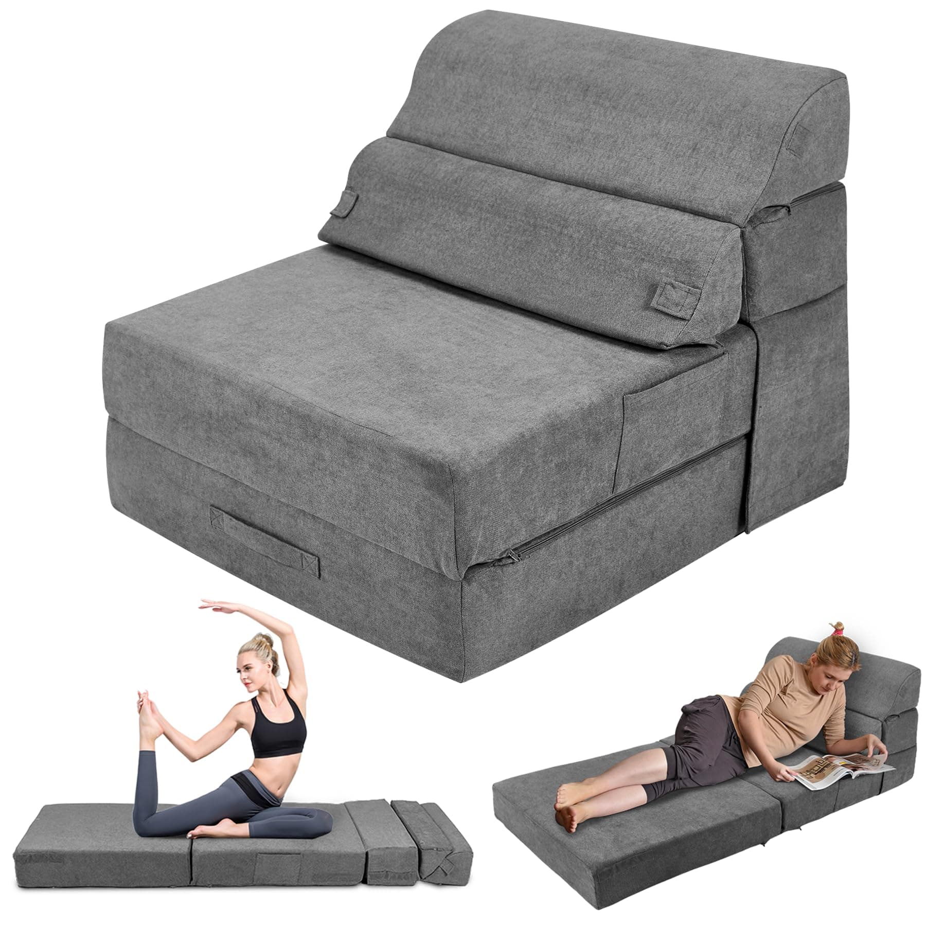 Grey Foldable Sofa Bed - Comfortable Living Room Sleeper Chair Couch