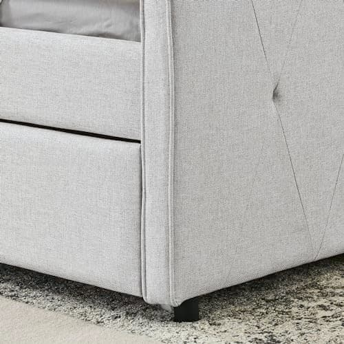 Full Size Daybed with Twin Size Trundle, Upholstered Tufted Day Bed, Beige