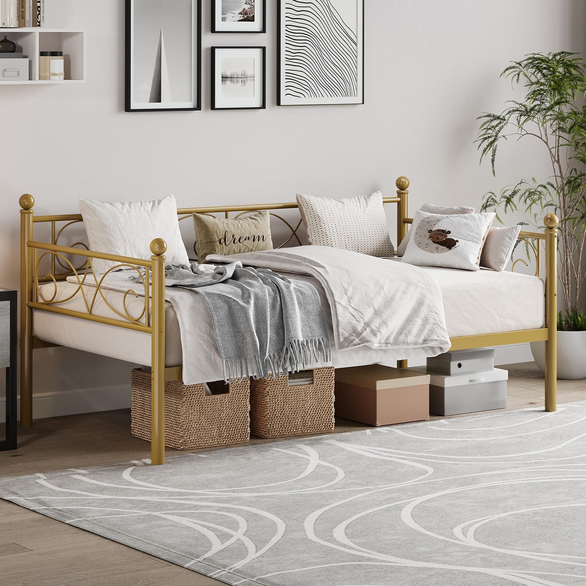 Modern Gold Metal Day Bed with Floral Headboard, Heavy Duty Steel Slats Supports