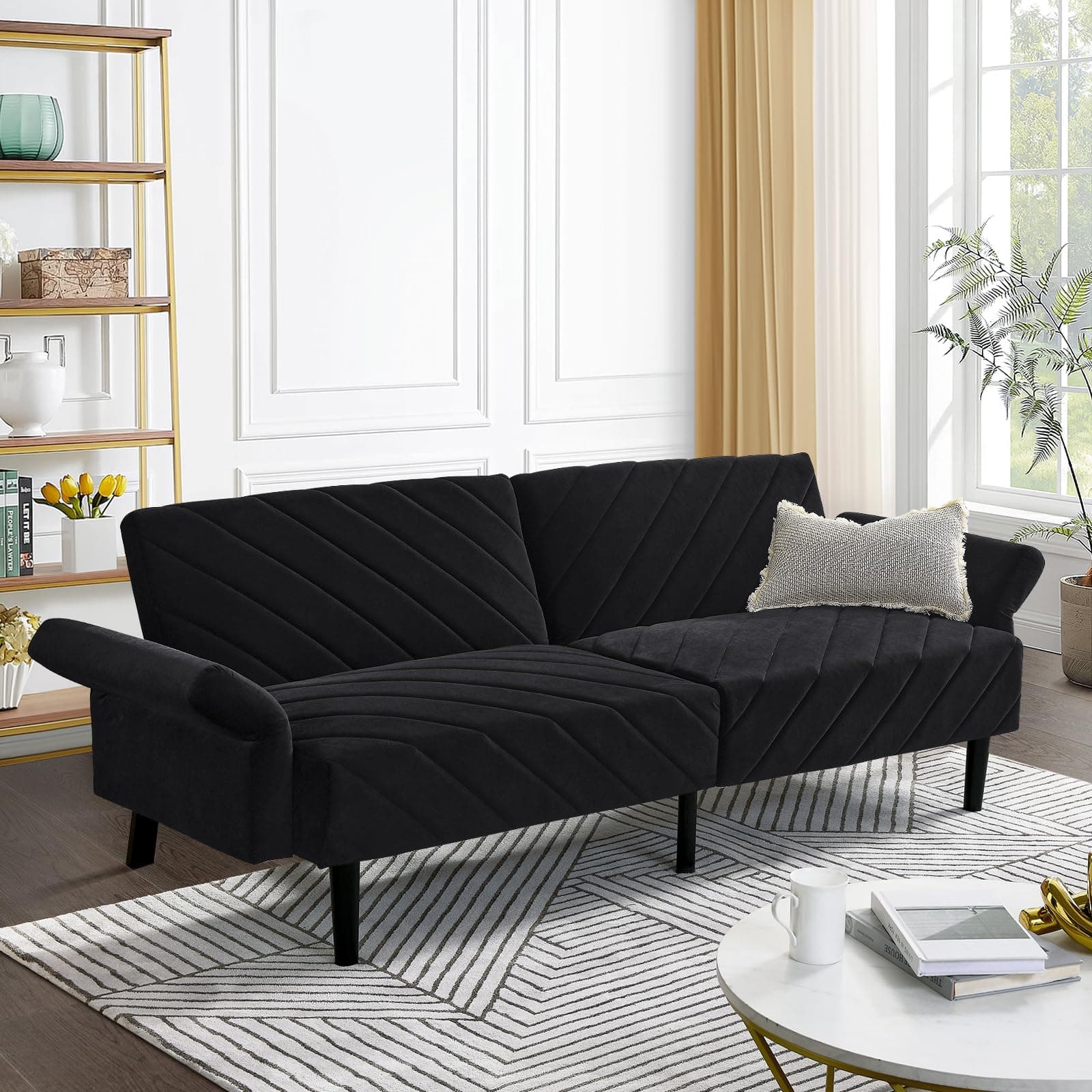 Modern Convertible Sleeper Futon Couch, Velvet Oversized Loveseat Sofa Couch