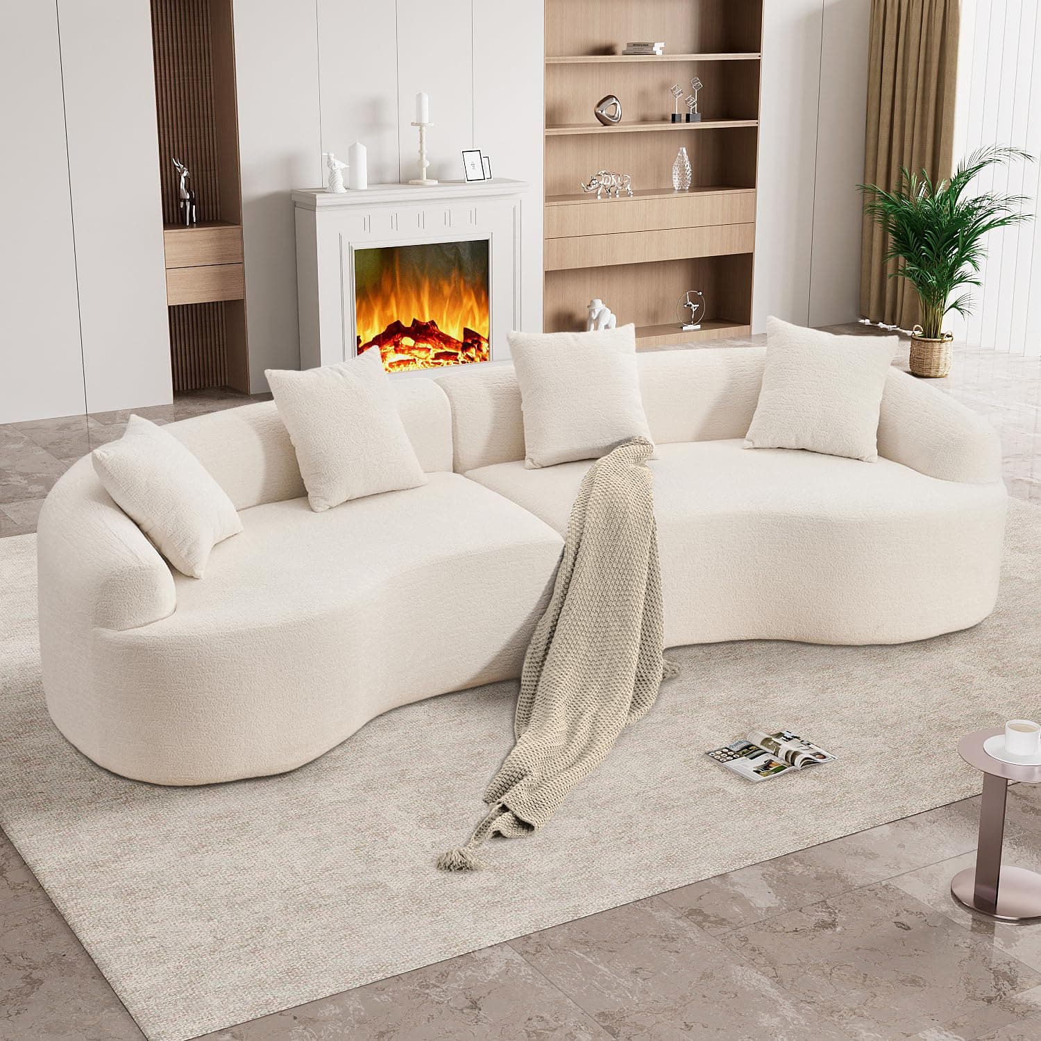 Modern Luxury 110" Oversized Curved Chenille Sectional Sofa, Cream White, No Assembly Needed