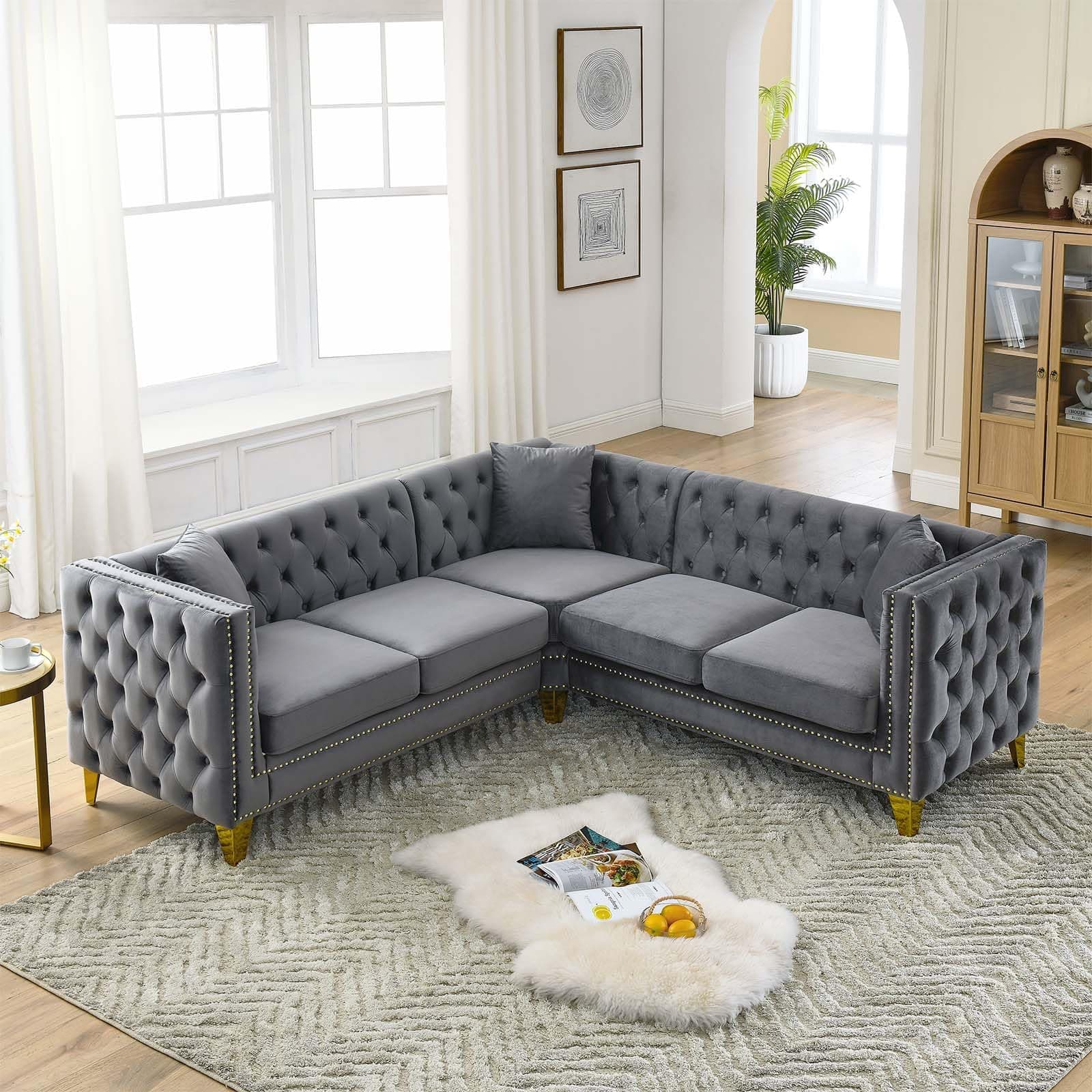 Modern Button Tufted Velvet L-Shaped Couch with Gold Nail Heads for Living Room