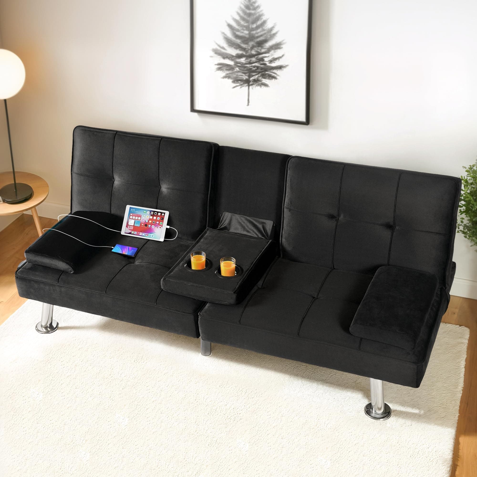 FLEXISPOT XCT3 Velvet Black Futon Sofa Bed USB Charging