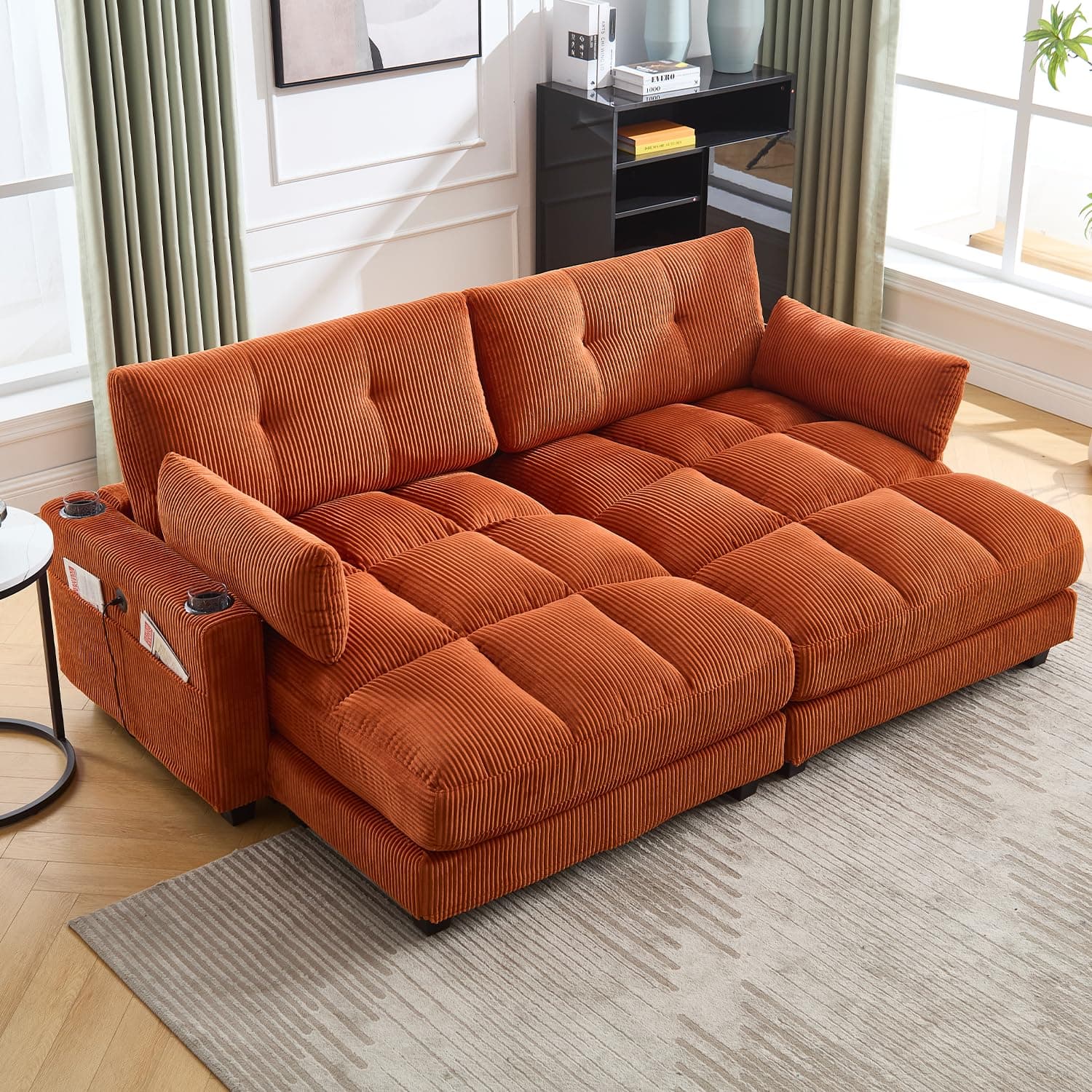 91" Orange Oversized Chaise Lounger with USB & Cup Holder for Living Room/Bedroom