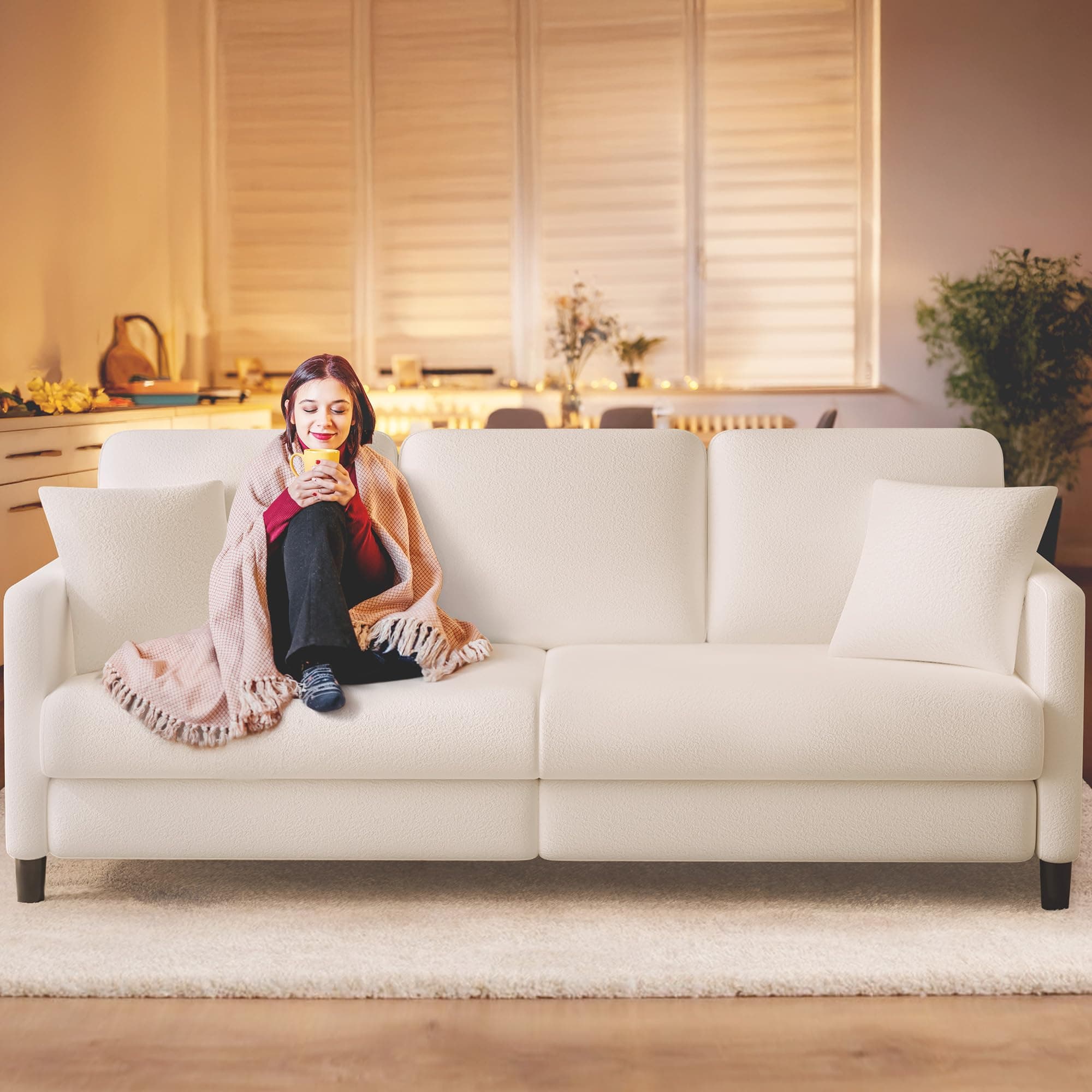 83" Teddy Fleece Loveseat Sofa for Living Room, Tool-Free Setup, Beige