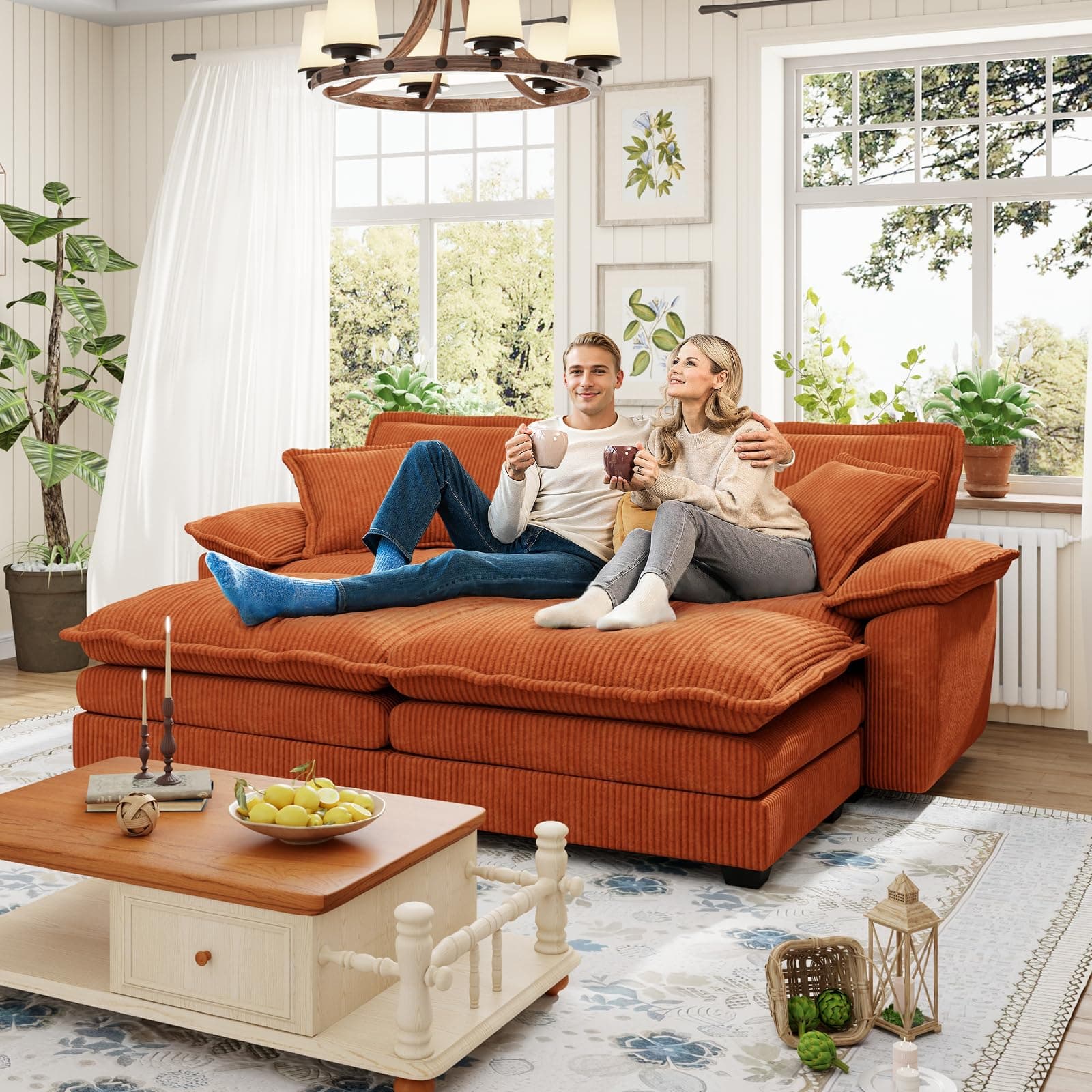 80.5-inch Modern Corduroy Chaise Sleeper Sofa, Orange