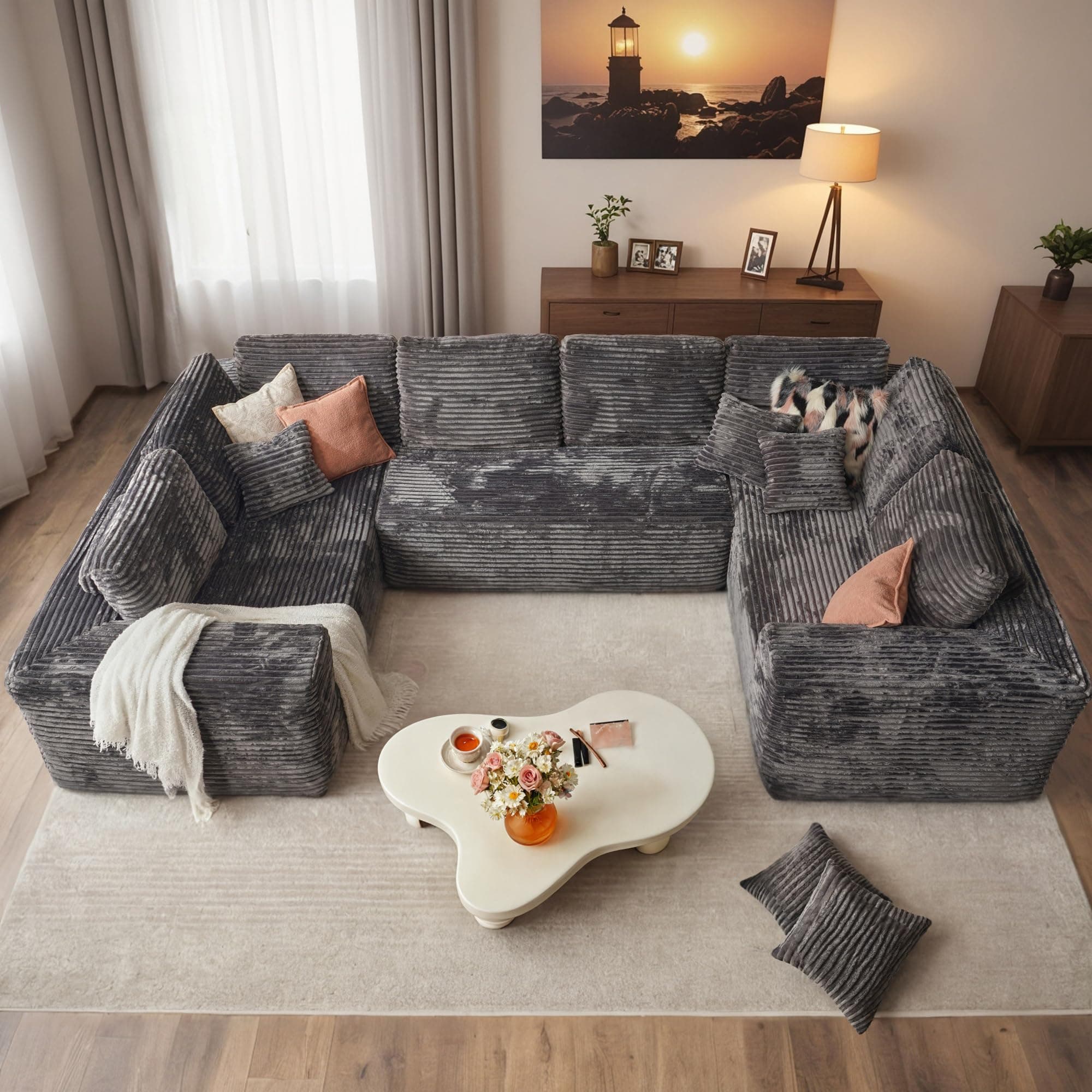 HOOOWOO Cloud Modular Sectional Couch, No Assembly, Gray Plush Corduroy
