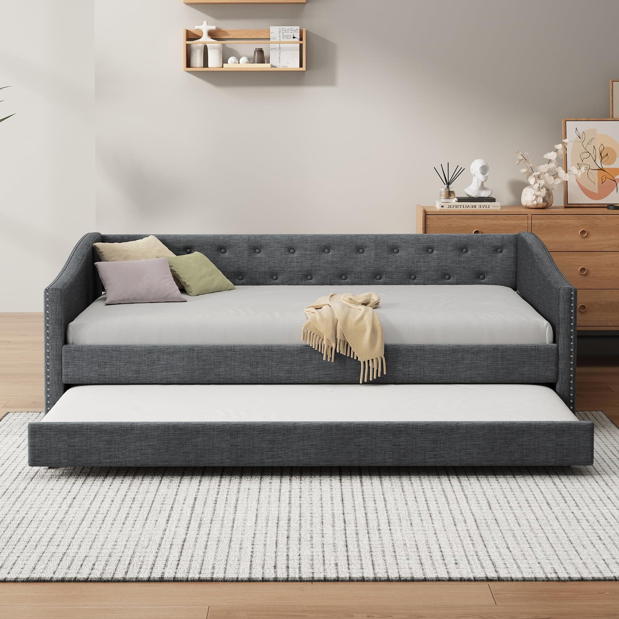 Dark Grey Nailhead Decorated Twin Daybed with Button Tufted Backrest and Wood Slat Support