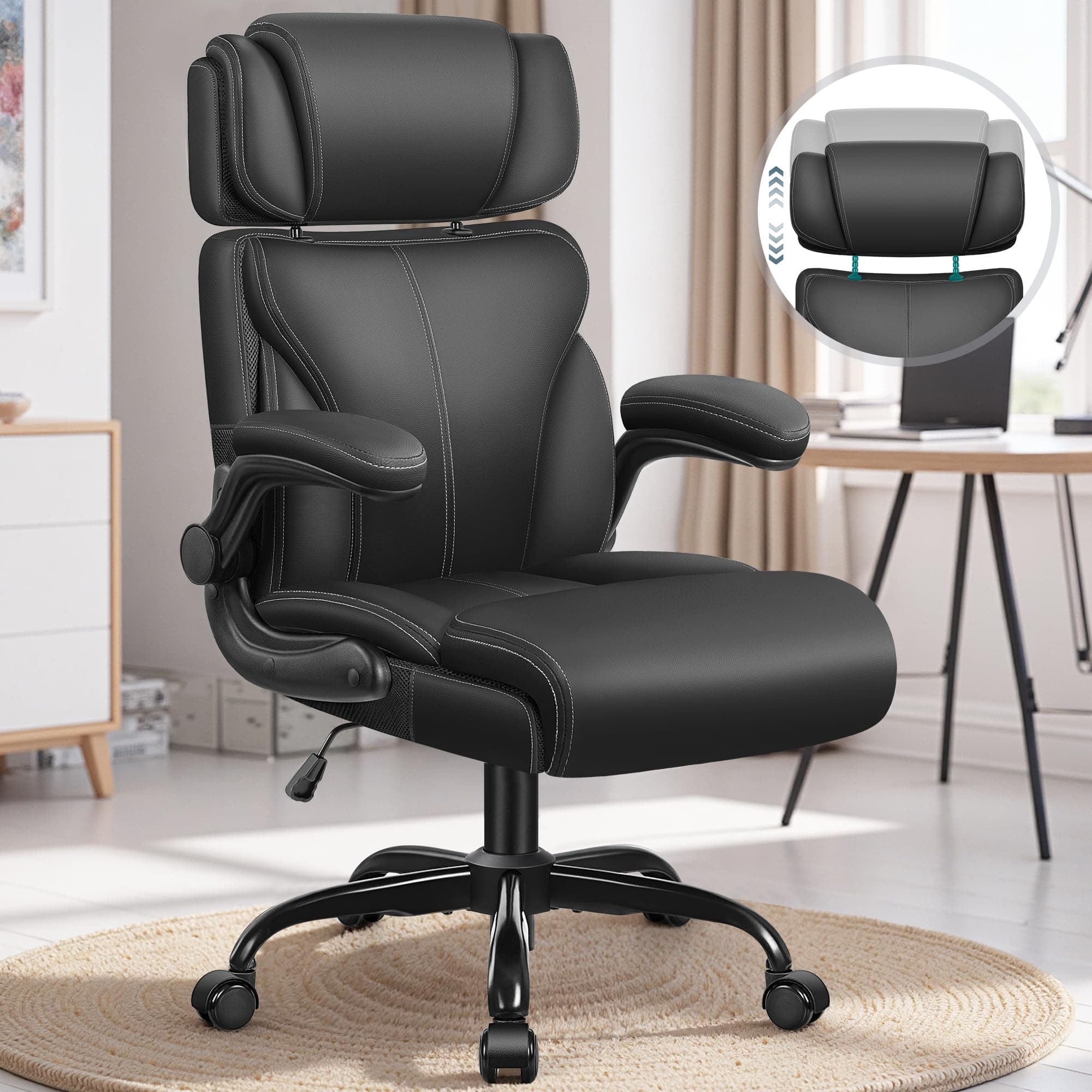 Ergonomic Big and Tall Office Chair with Retractable Headrest and Breathable Leather