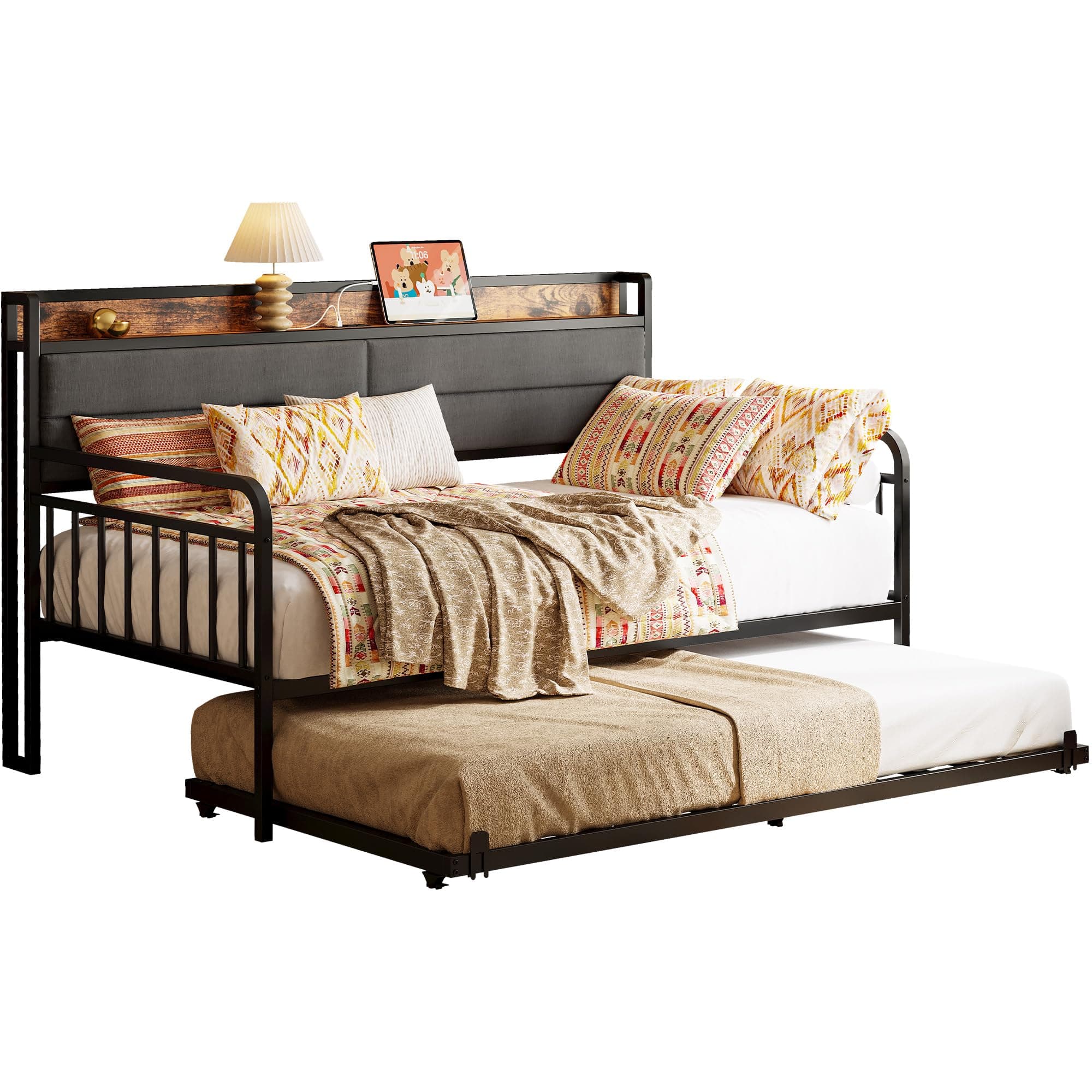 LIKIMIO Sturdy Metal Twin Bed Frame with Upholstered Headboard & Charging Station, Black