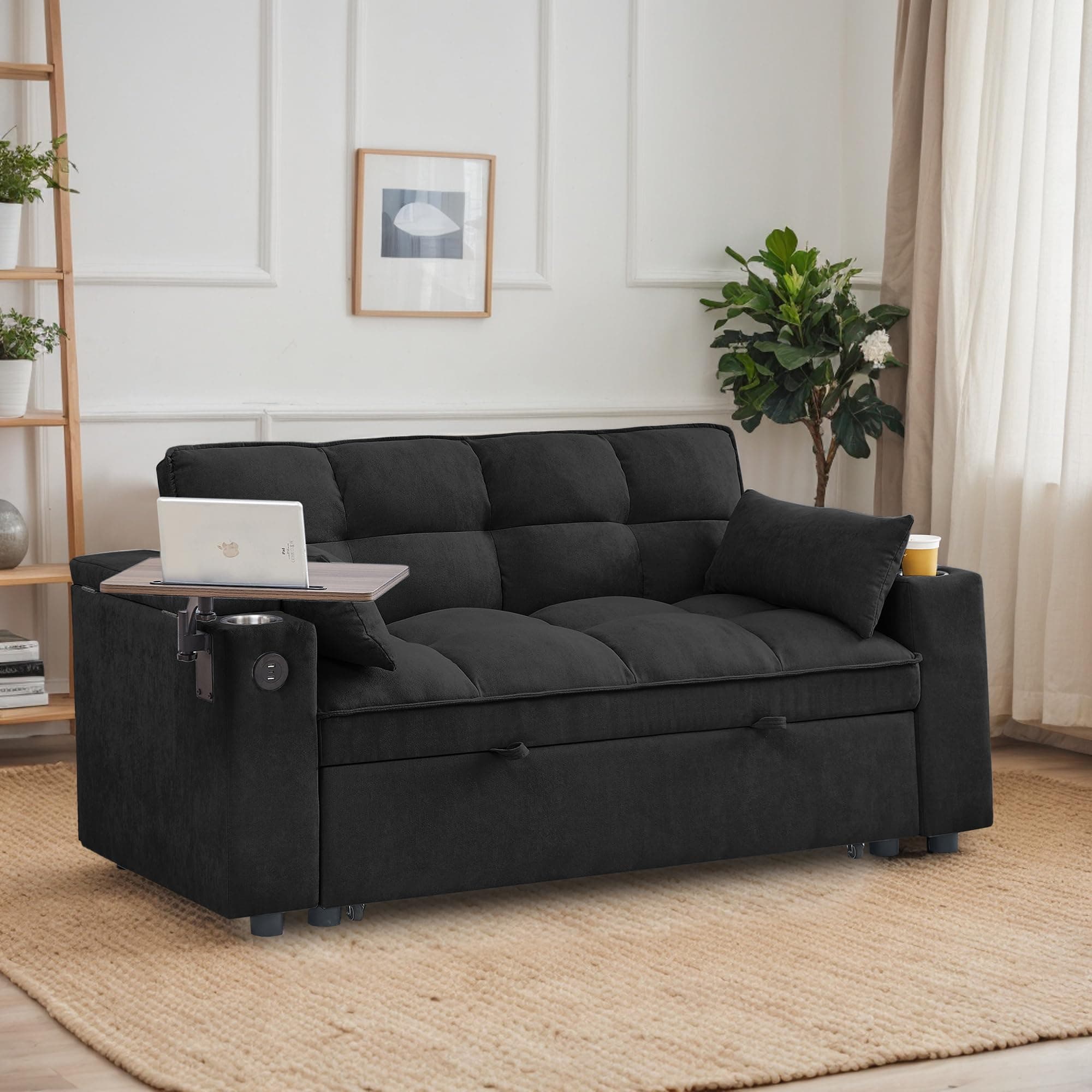 Eafurn 3-in-1 Convertible Pull-Out Sofa Bed with Storage Armrest