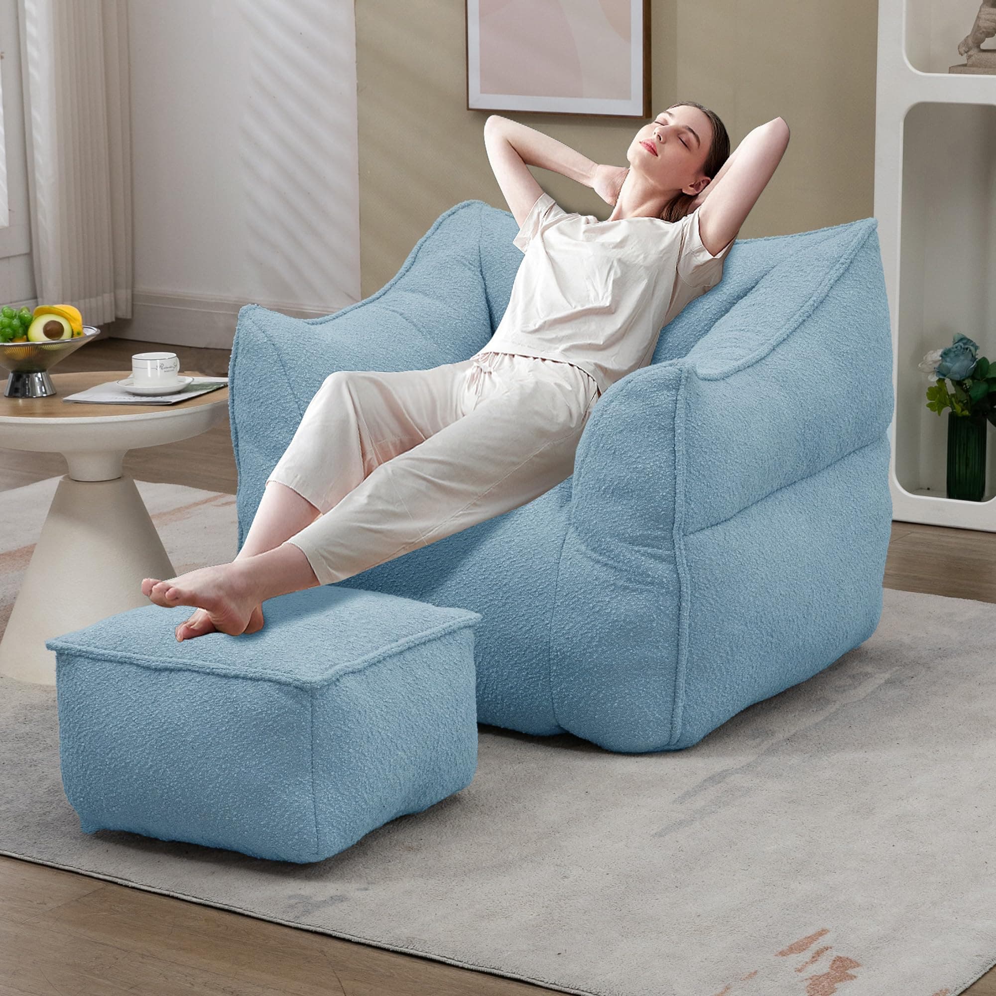 Light Blue Chenille Bean Bag Chair with Armrests & Back Support