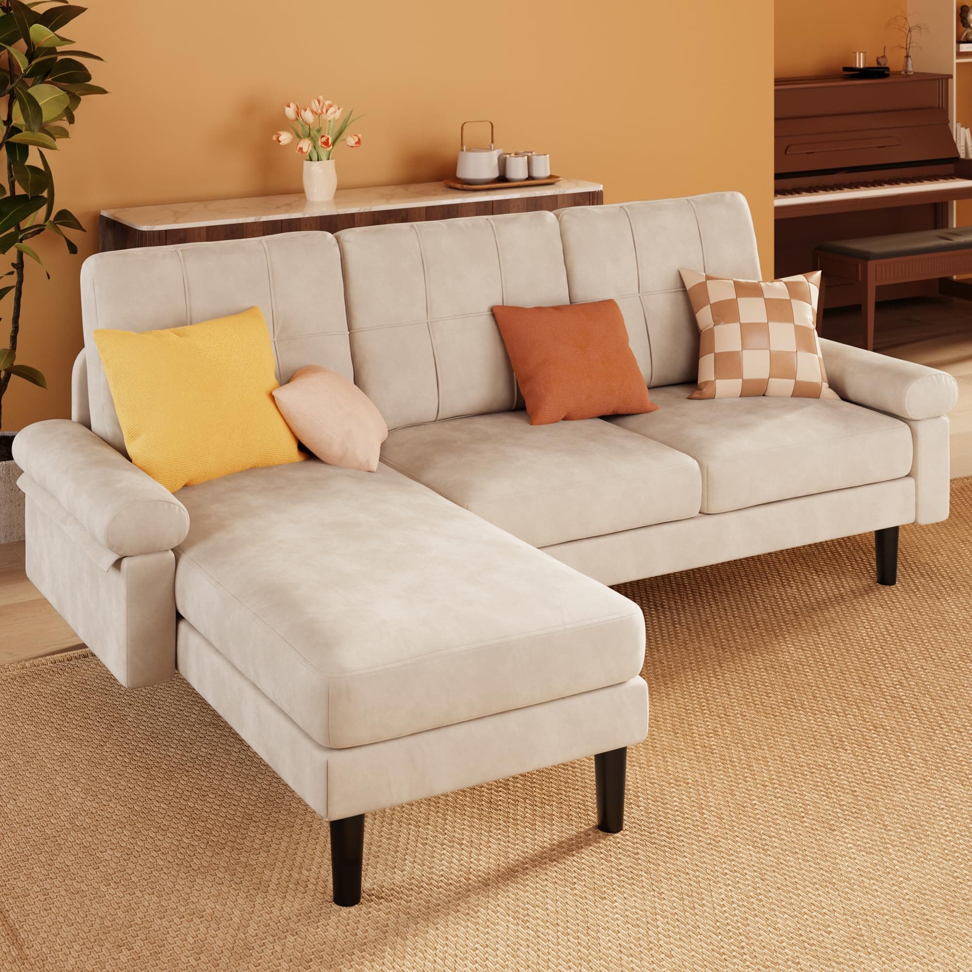 Beige 82" L Shaped Sectional Sofa, Soft Velvet, Modern living room couch