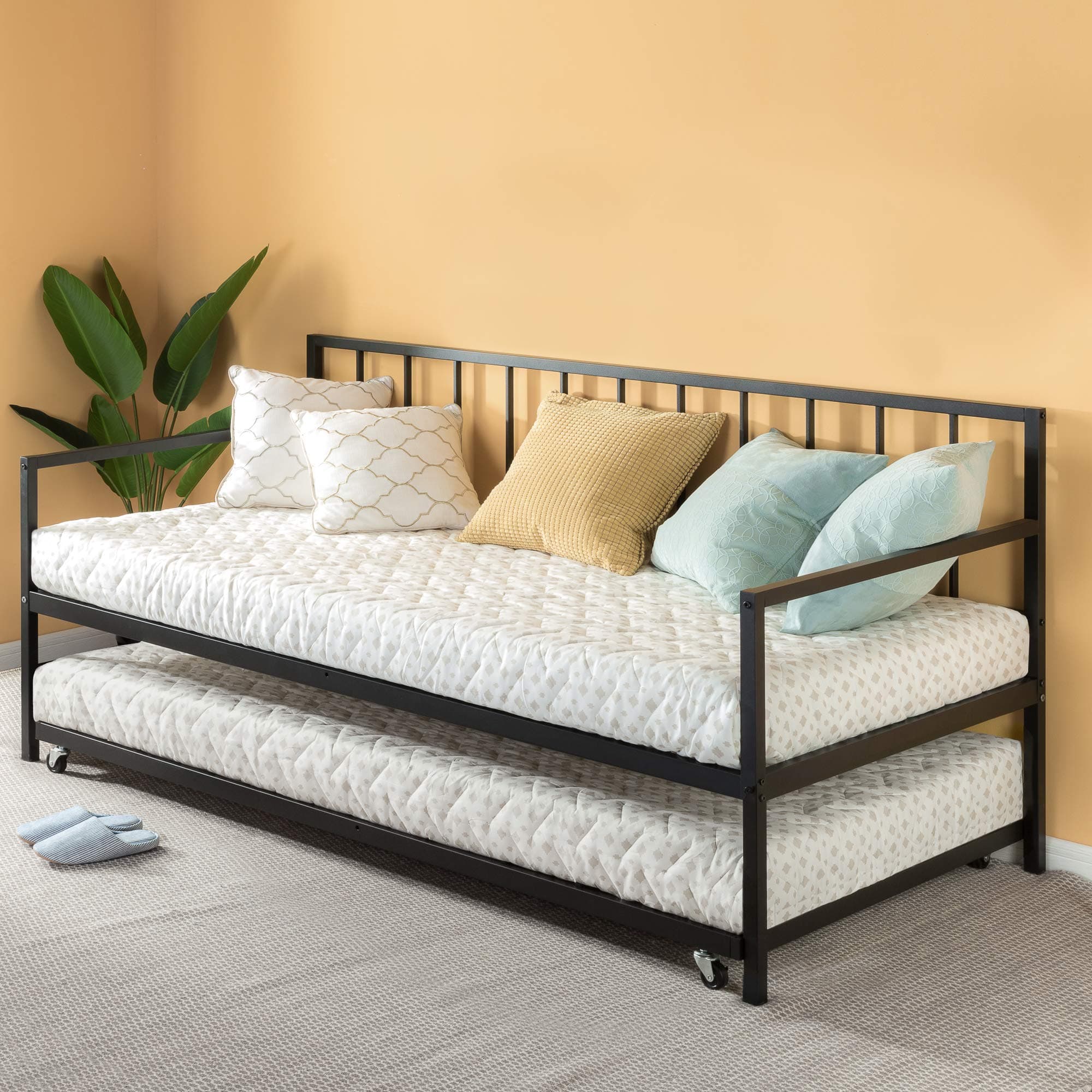 ZINUS Eden Metal Daybed with TrundleMattress SupportSteel Slat Easy Assembly Twin