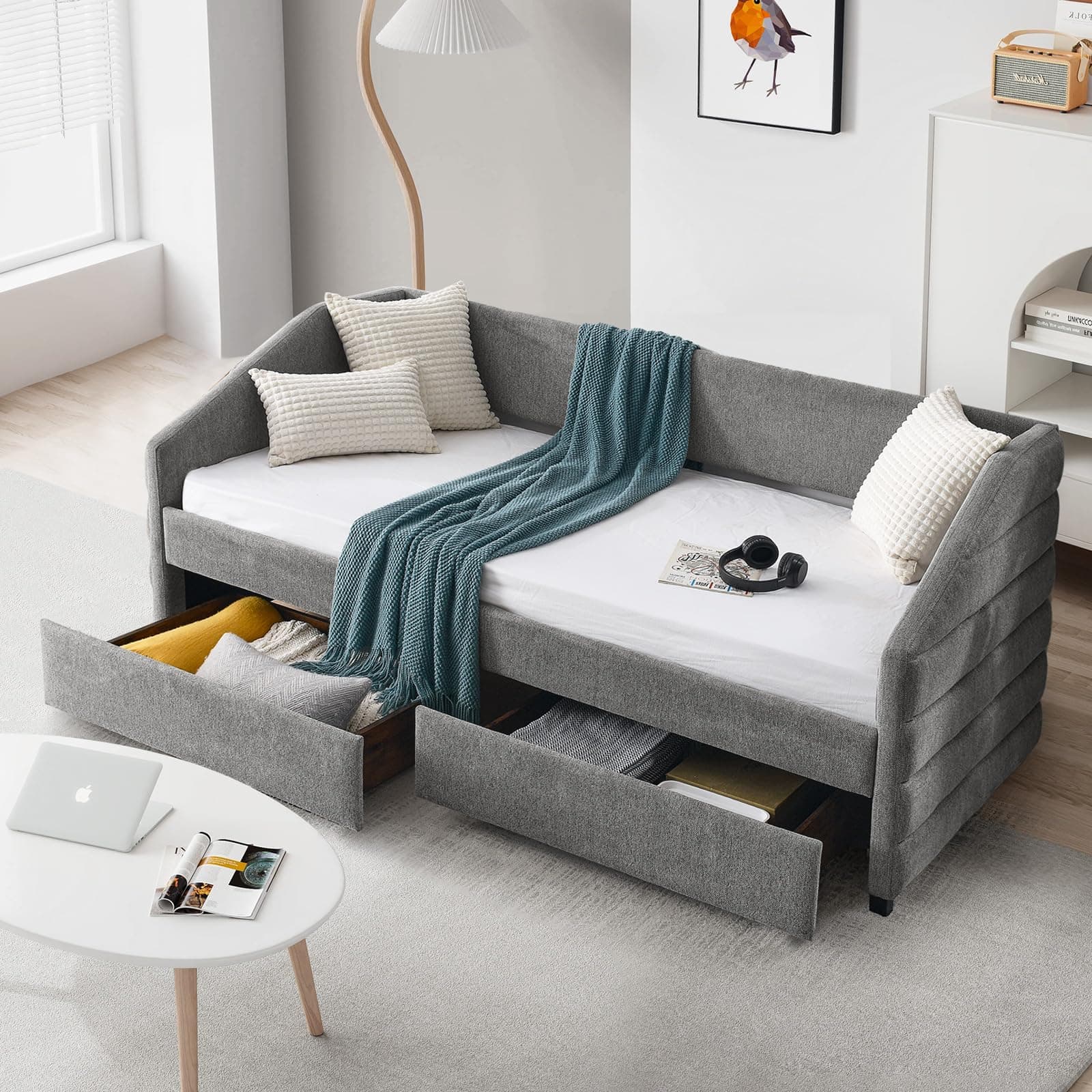 Modern Tufted Linen Daybed with Drawers - Grey Twin Size