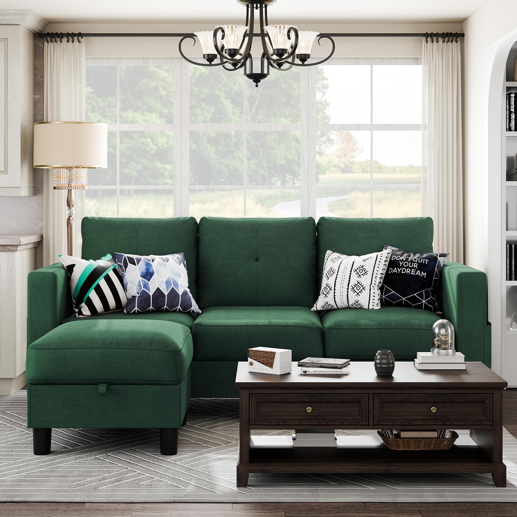 Shintenchi Green 3-Seater L-Shaped Sectional Sofa with Ottoman and Reversible Chaise
