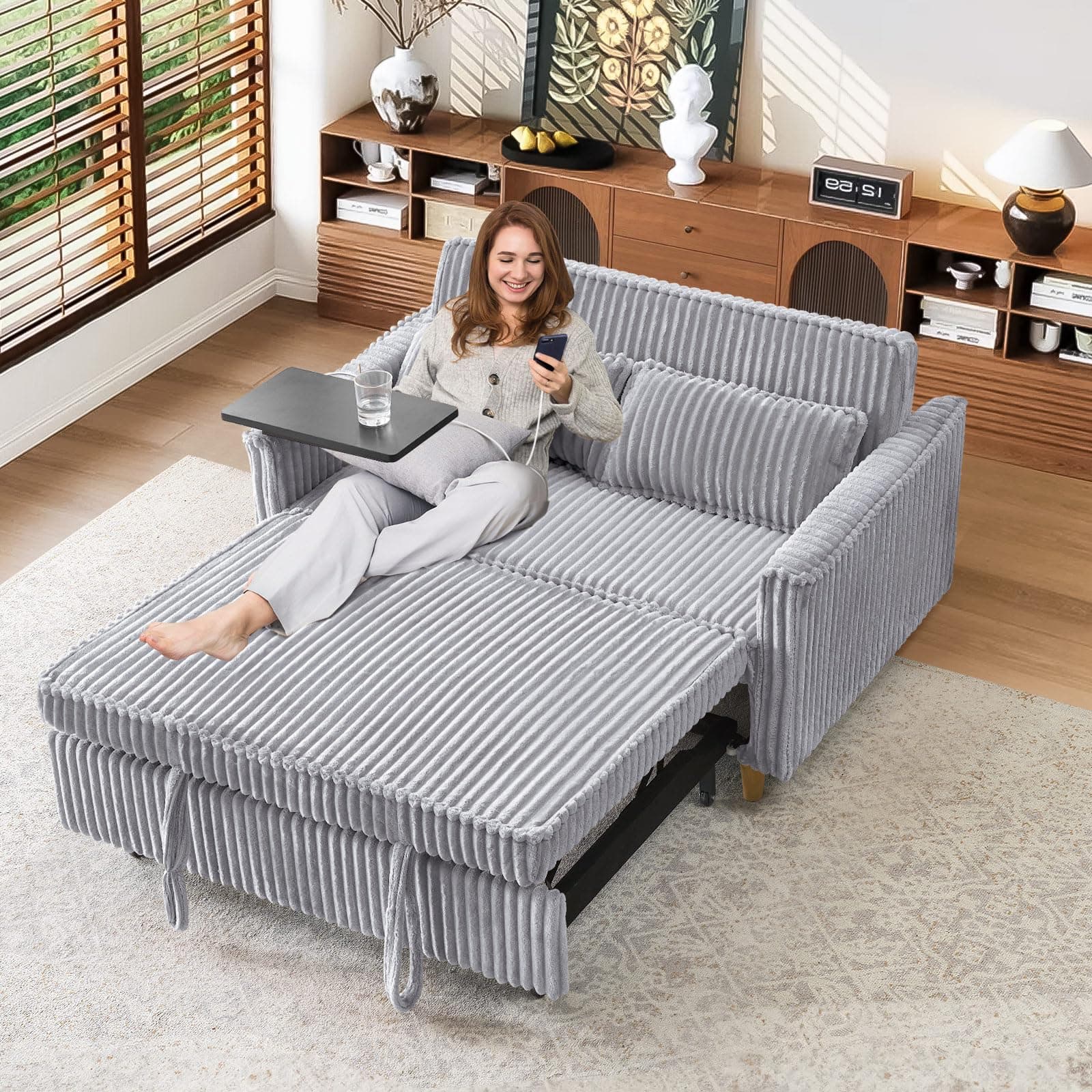 Antetek 3-in-1 Corduroy Convertible Sofa Bed, Gray with Movable Table & USB Ports