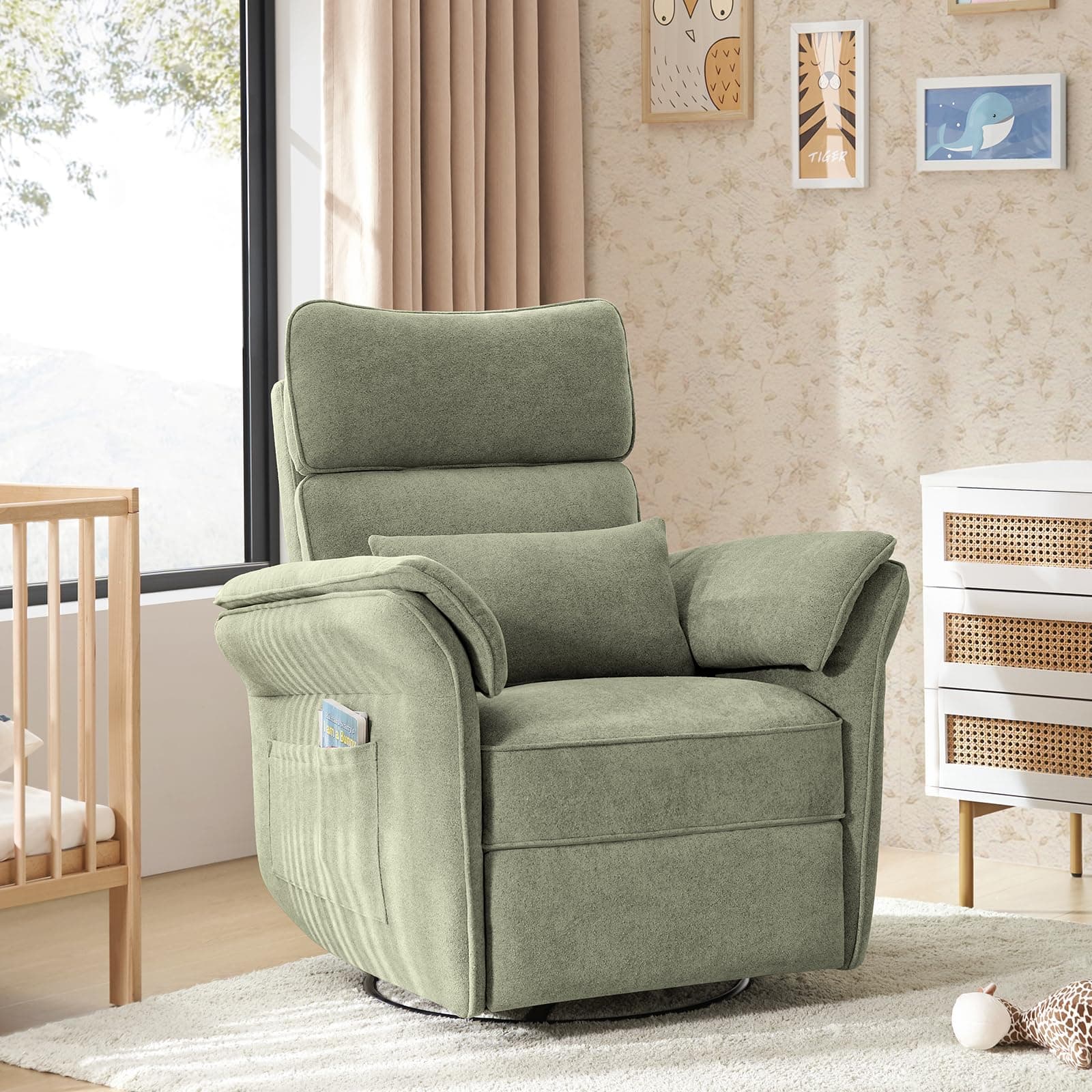 HULALAhome Mossy Green Nursery Glider Recliner with Storage
