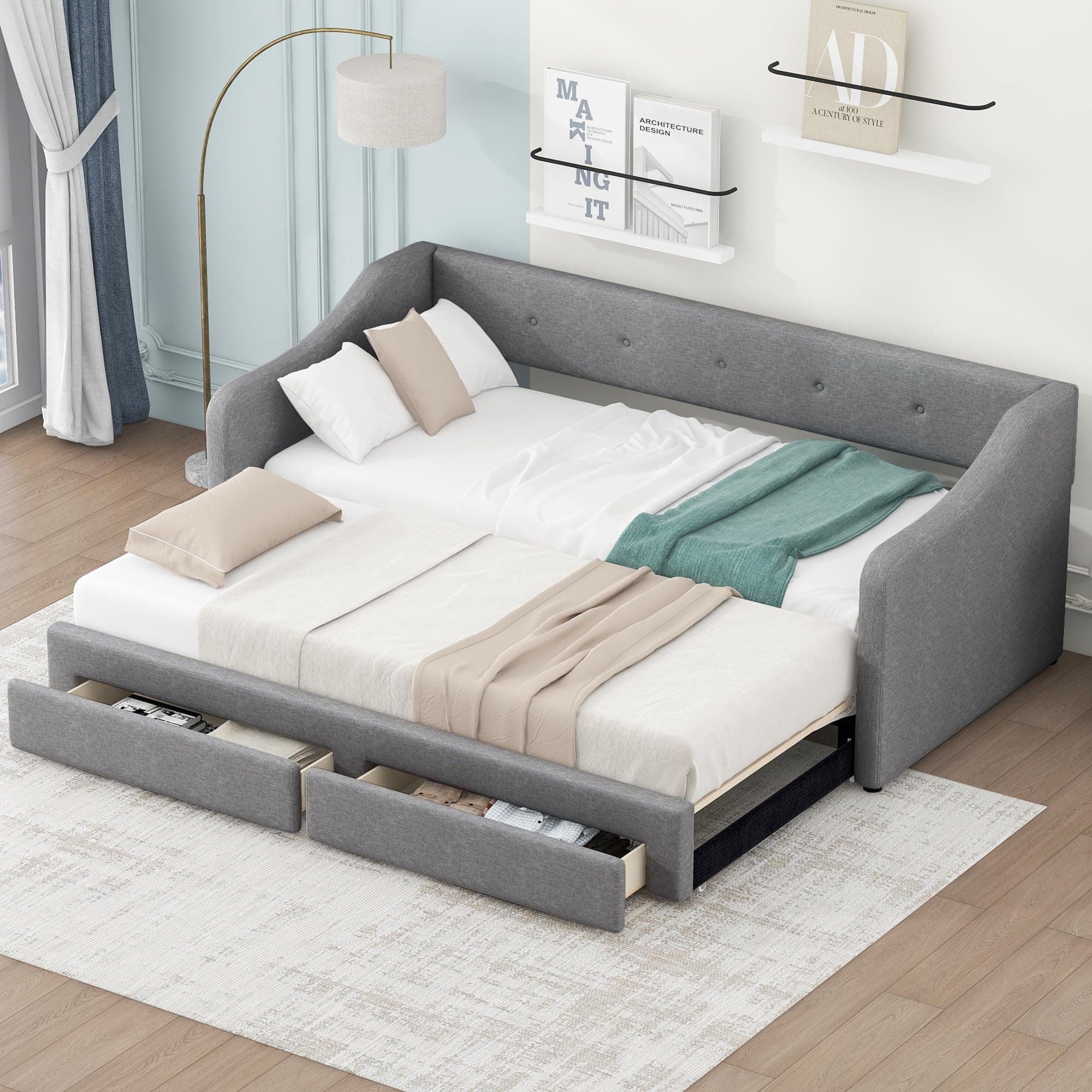 Gray Extendable Linen Daybed with Drawers and Pop-up Guest Bed