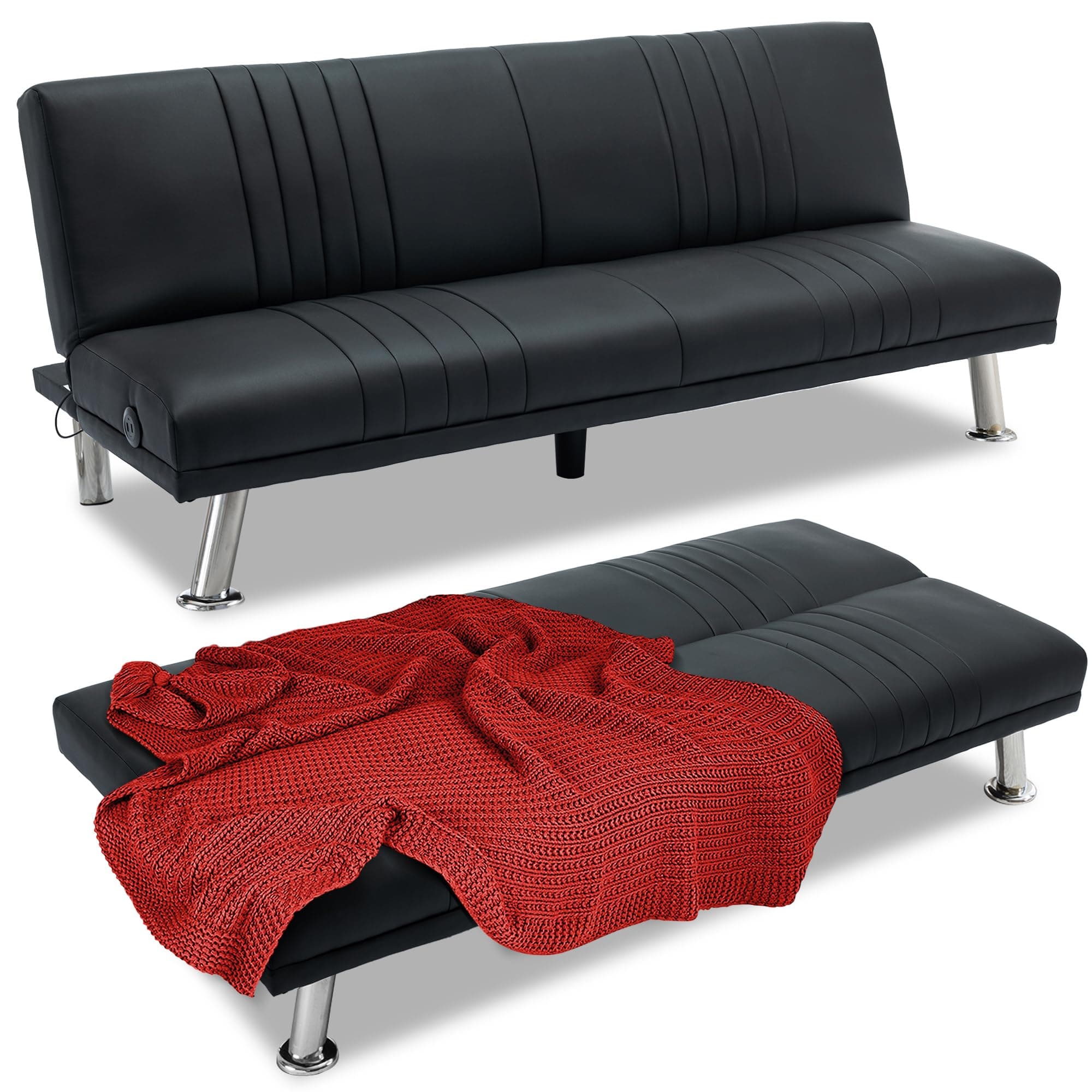 VECELO Modern Convertible Sofa Bed, Faux Leather Futon, Black