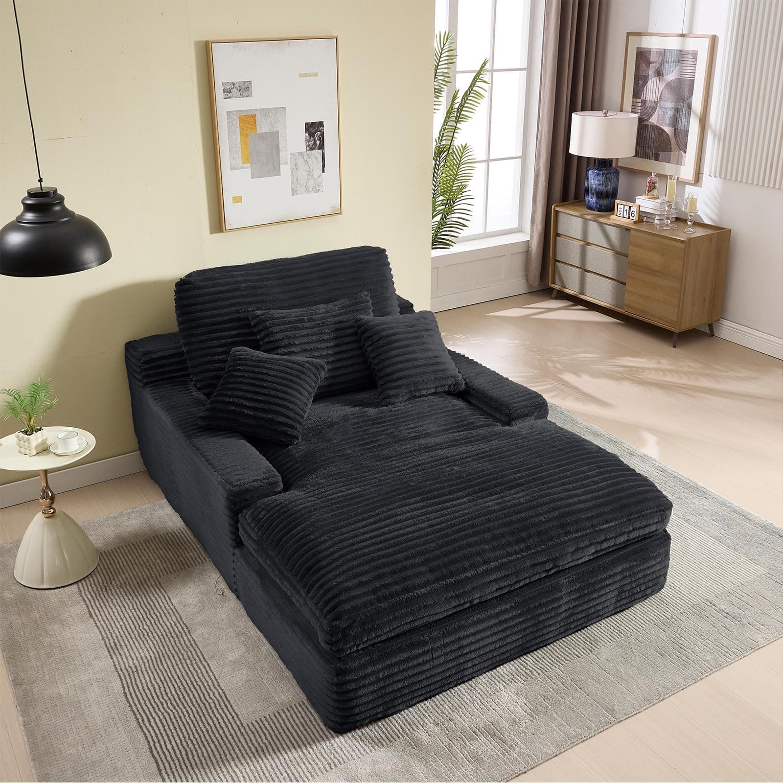 OuYesSir Black 2-Seater Fluffy Chaise Lounge Chair Bed for Living Room