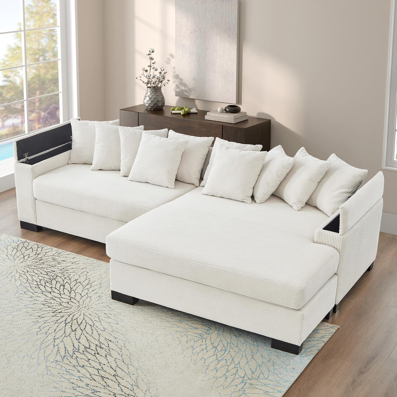 111-inch Modular L-Shaped Couch with Chaise, Beige Cloud Corduroy Storage Sofa