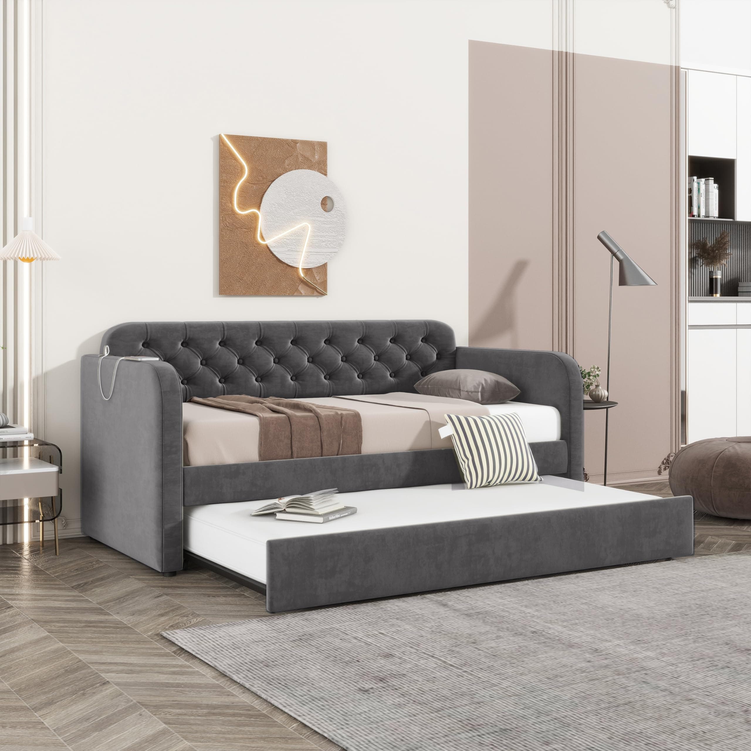 Dark Grey Velvet Upholstered Twin Size Daybed with Trundle and USB Port