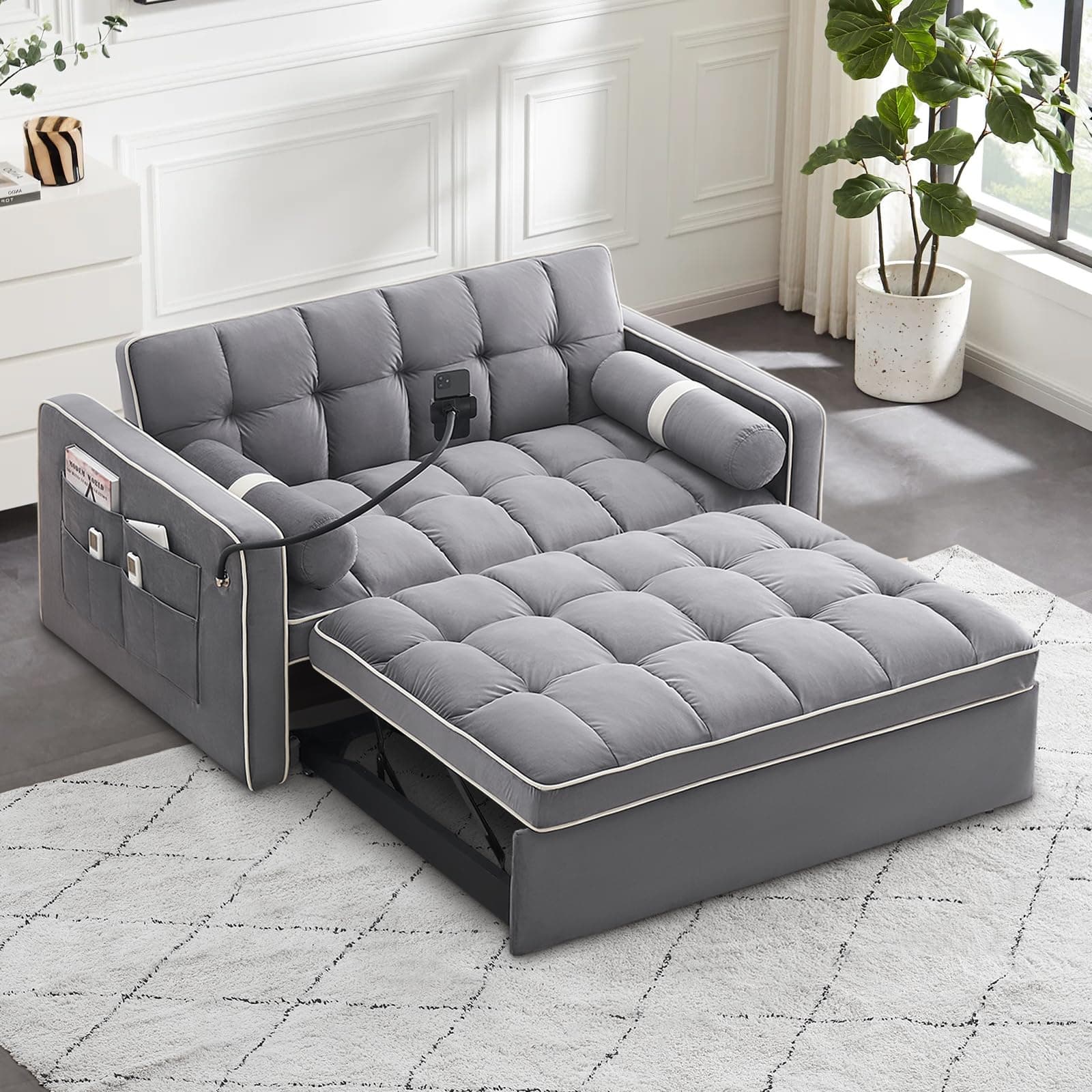 Antetek 3-in-1 Convertible Sleeper Sofa with Phone Holder - Modern Velvet Loveseat with Pullout Bed for Small Spaces, Grey