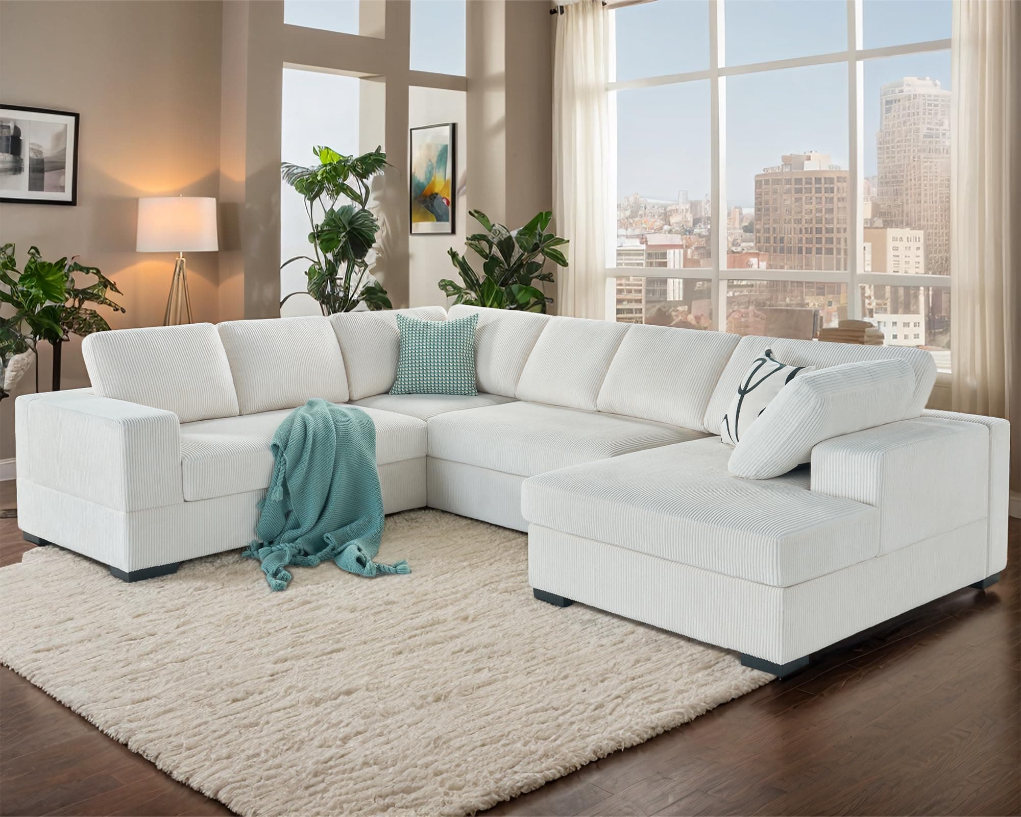 121 Inch U-Shaped Chaise Sofa,_off-white Corduroy Sectional
