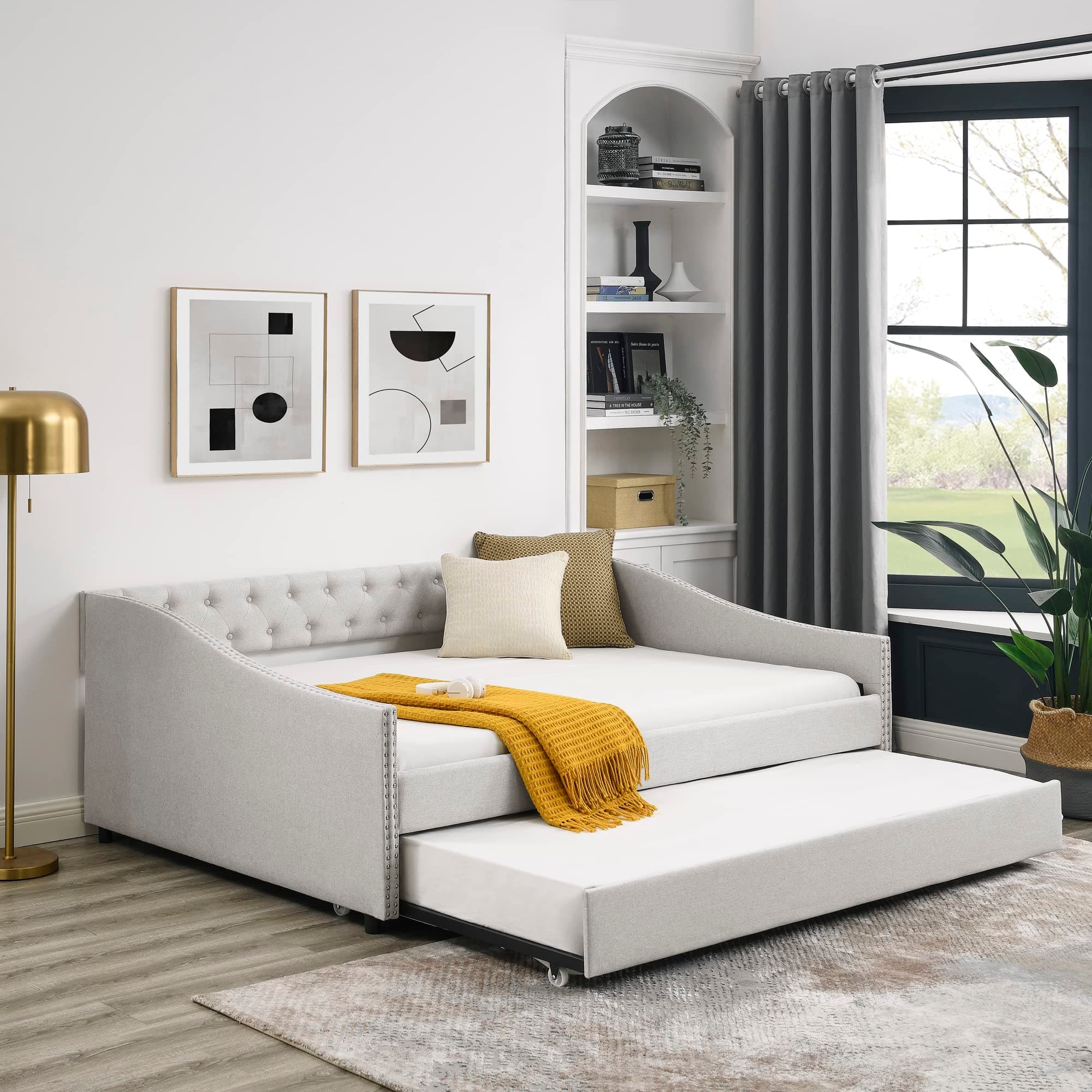 Full Size Upholstered Daybed with Trundle | Solid Wood Frame | Beige Tufted Button | Breathable Polyester Fabric | No Bo