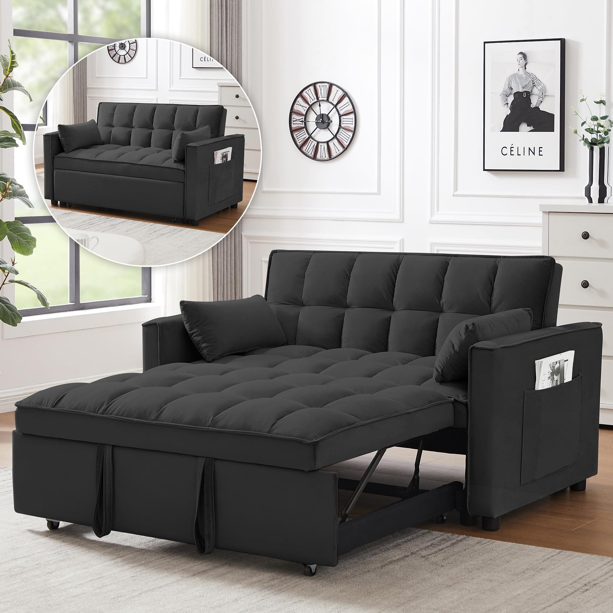 3 in 1 Convertible Sleeper Sofa Bed, Black Velvet Living Room Couch with Side Pocket | Adjustable Backrest