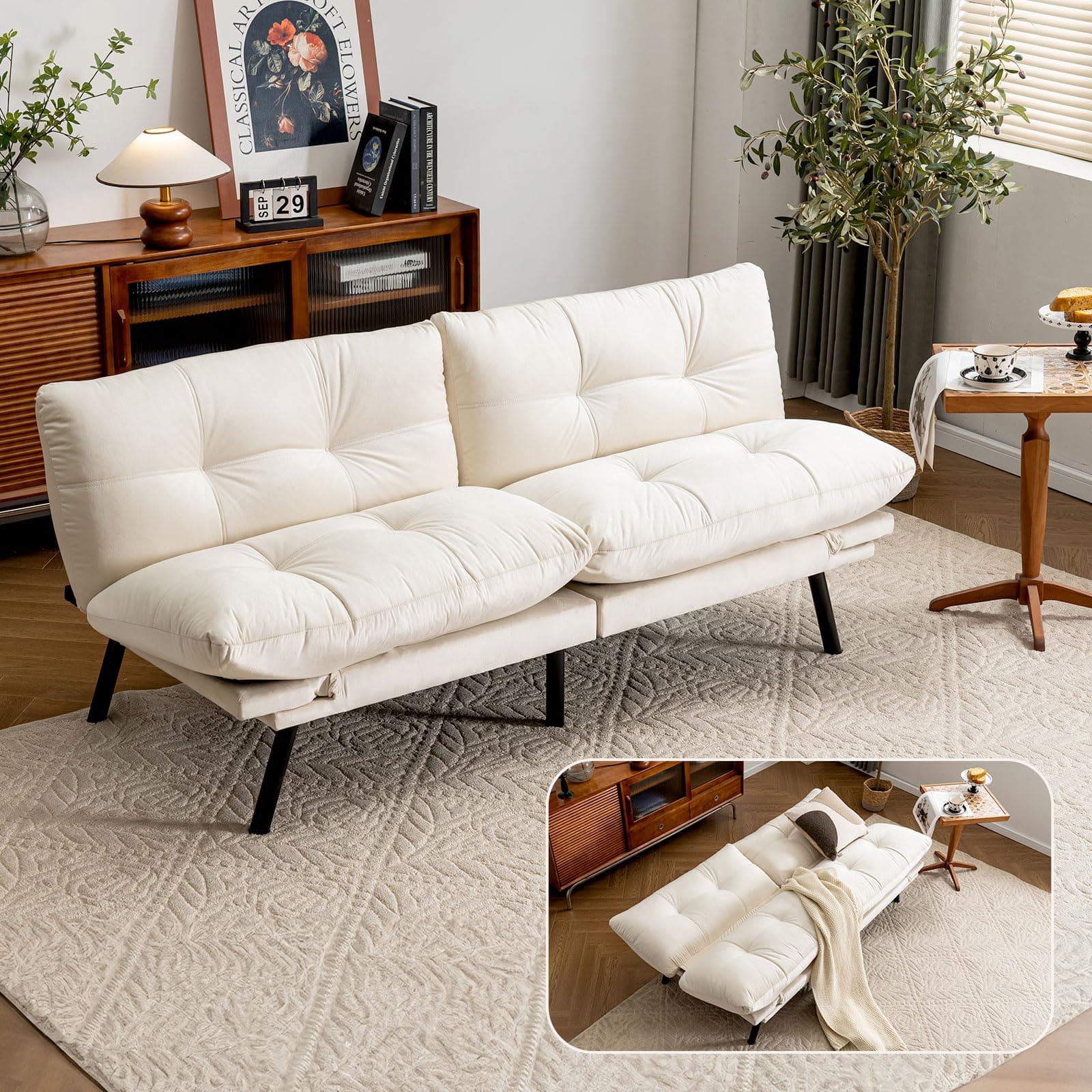 71" Comfortable Convertible Futon Love Seat Sleeper Sofa, Thick Cushion, Velvet Couch Bed for Small Spaces