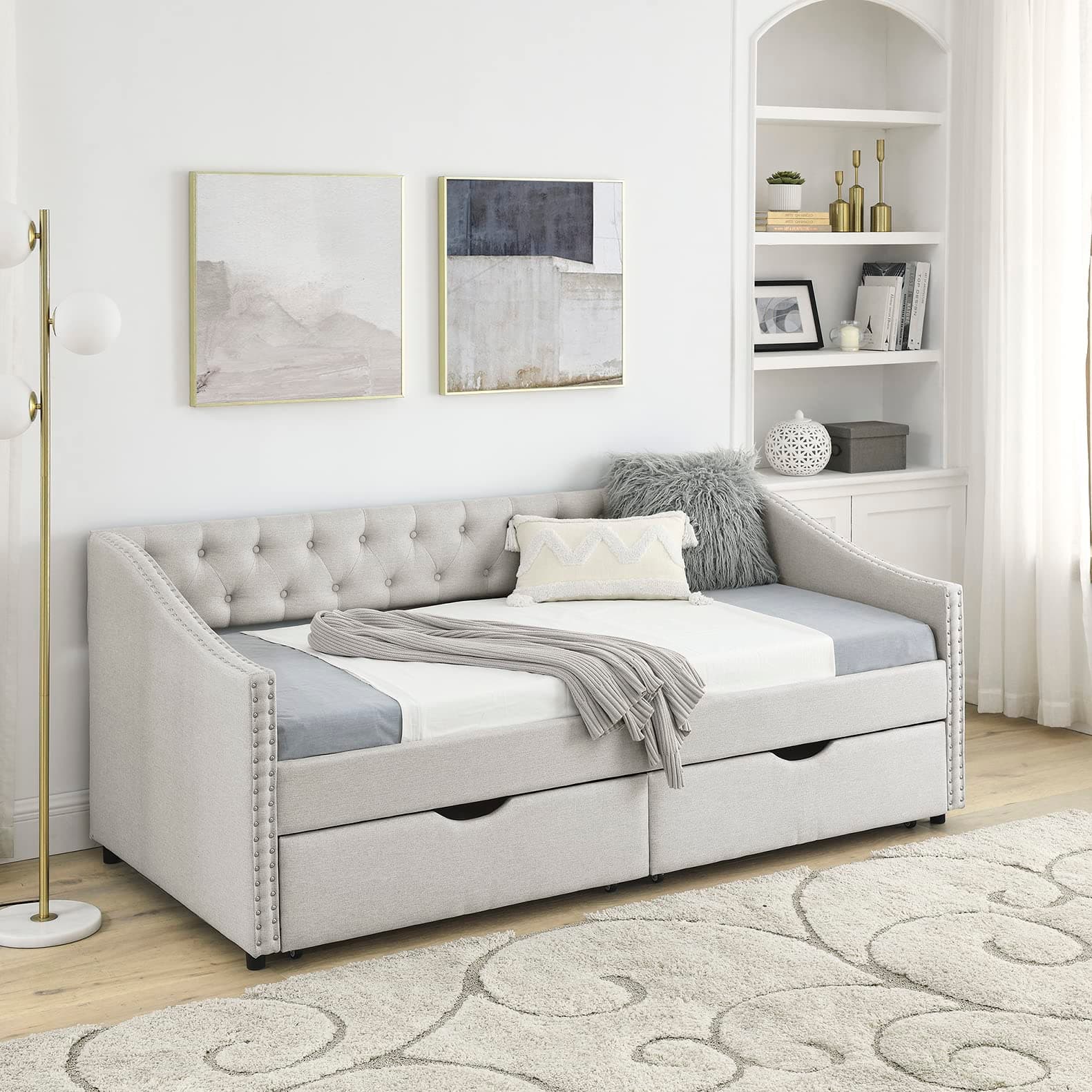 Beige Wood Twin Daybed with Storage & Button Design for Bedroom