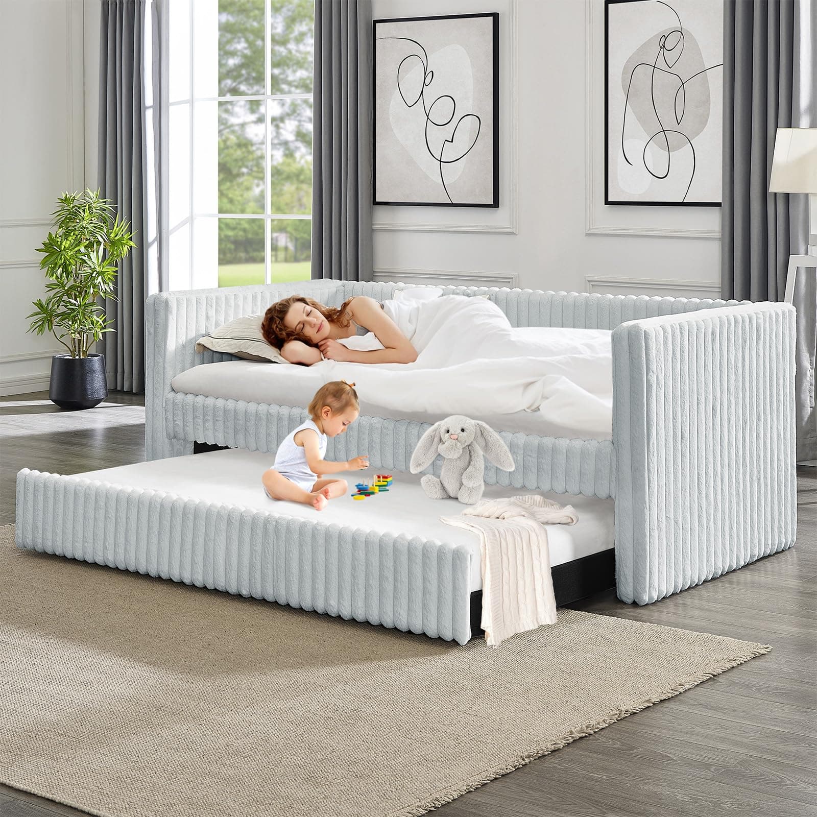 Antetek Gray Striped Corduroy Twin Daybed with Trundle, Small Space Bedroom