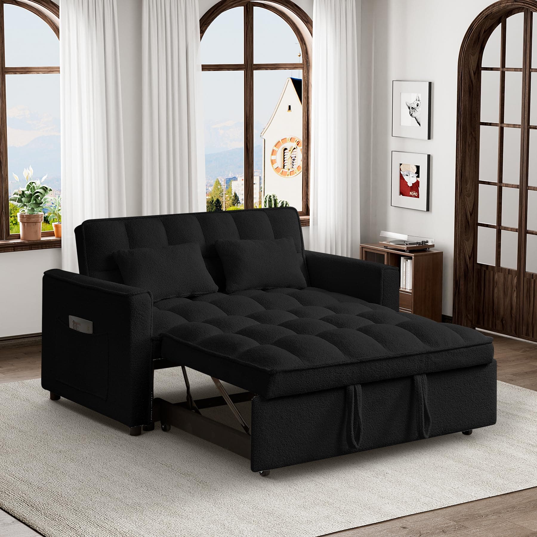 Convertible Sleeper Sofa Couch with Pullout Bed, Loveseat with Storage and Pillows, Modern Futon Couch Bed for RV, Living Room, Bedroom and Small Space in Black Teddy