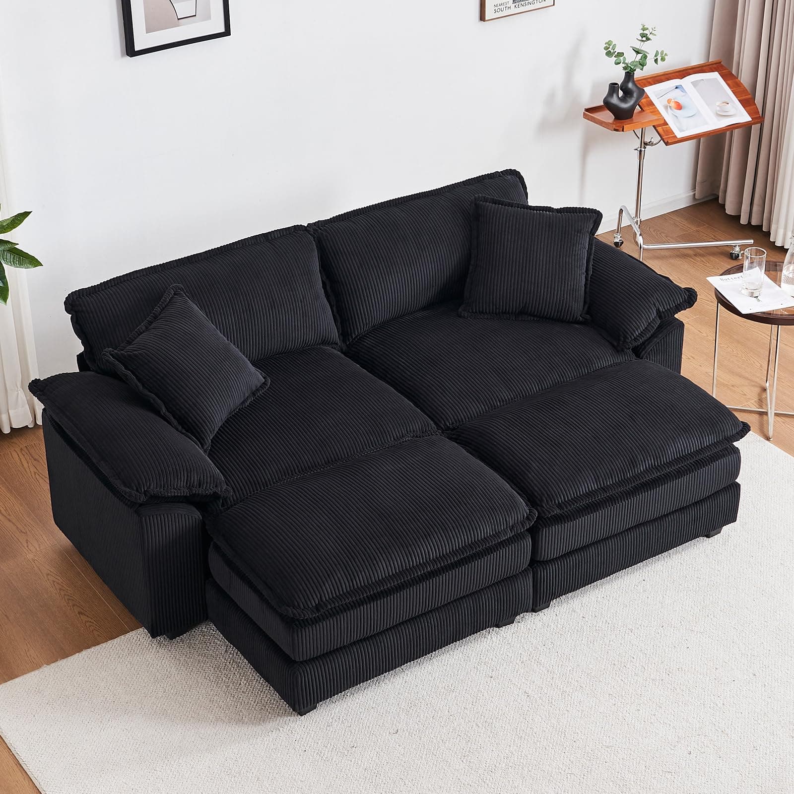 Modern Black L-Shaped Loveseat with Movable Ottoman
