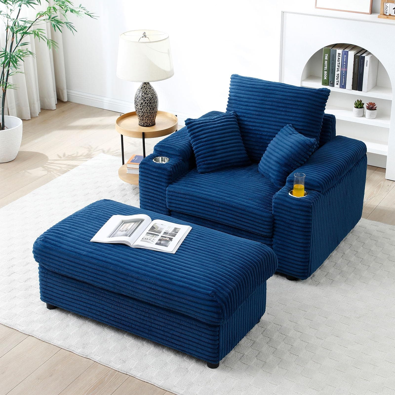 Modern Upholstered Blue Chaise Longue with Cup Holders & Storage Ottoman