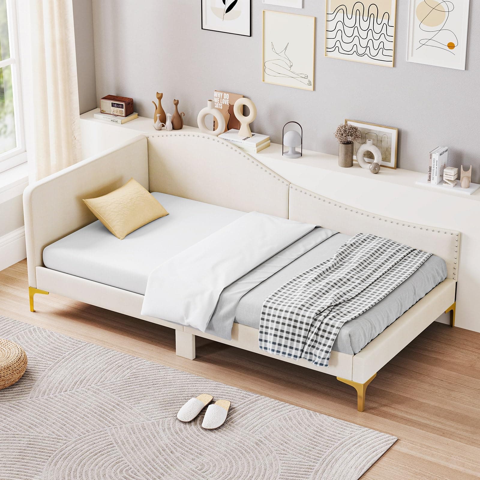 Giantex Beige Rivet-Tufted Twin Daybed with Storage Legs