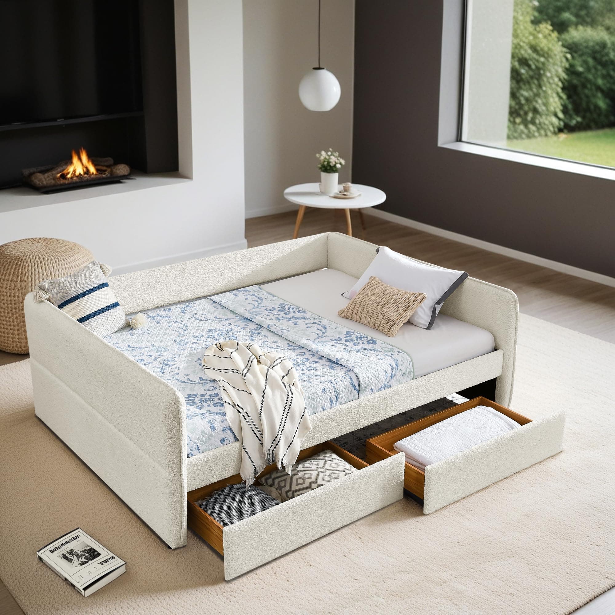Queen Size Daybed with Storage Drawer, Upholstered in Boucle Fabric, Wood Slats Support, Beige