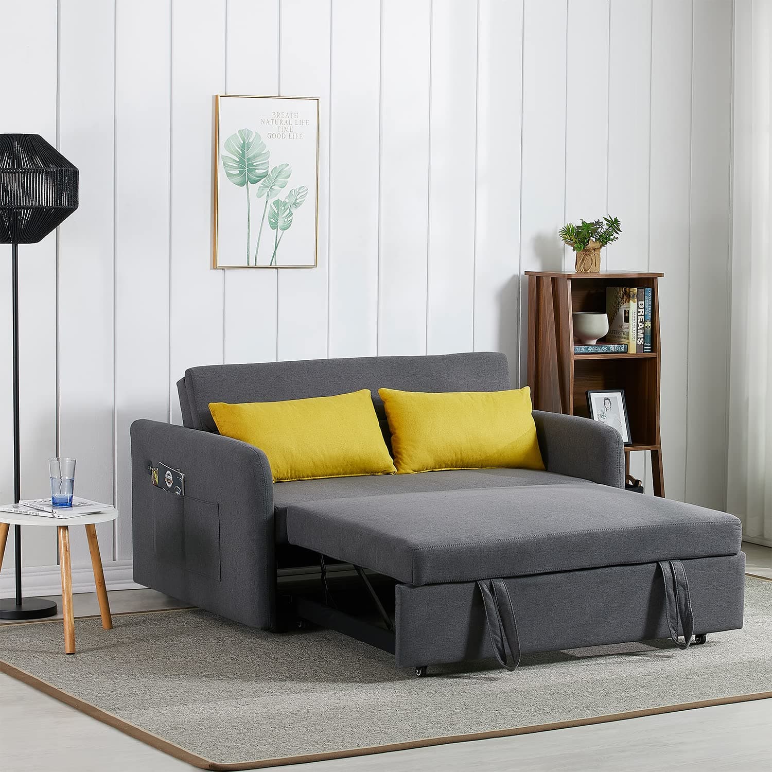 Antetek Convertible Sleeper Sofa Bed with 2 USB Port, 3 in 1 Modern Loveseat Couch with Pull-Out Bed, Small Love seat Sofa Bed with Adjustable Backrest & 2 Side Pockets (Grey)