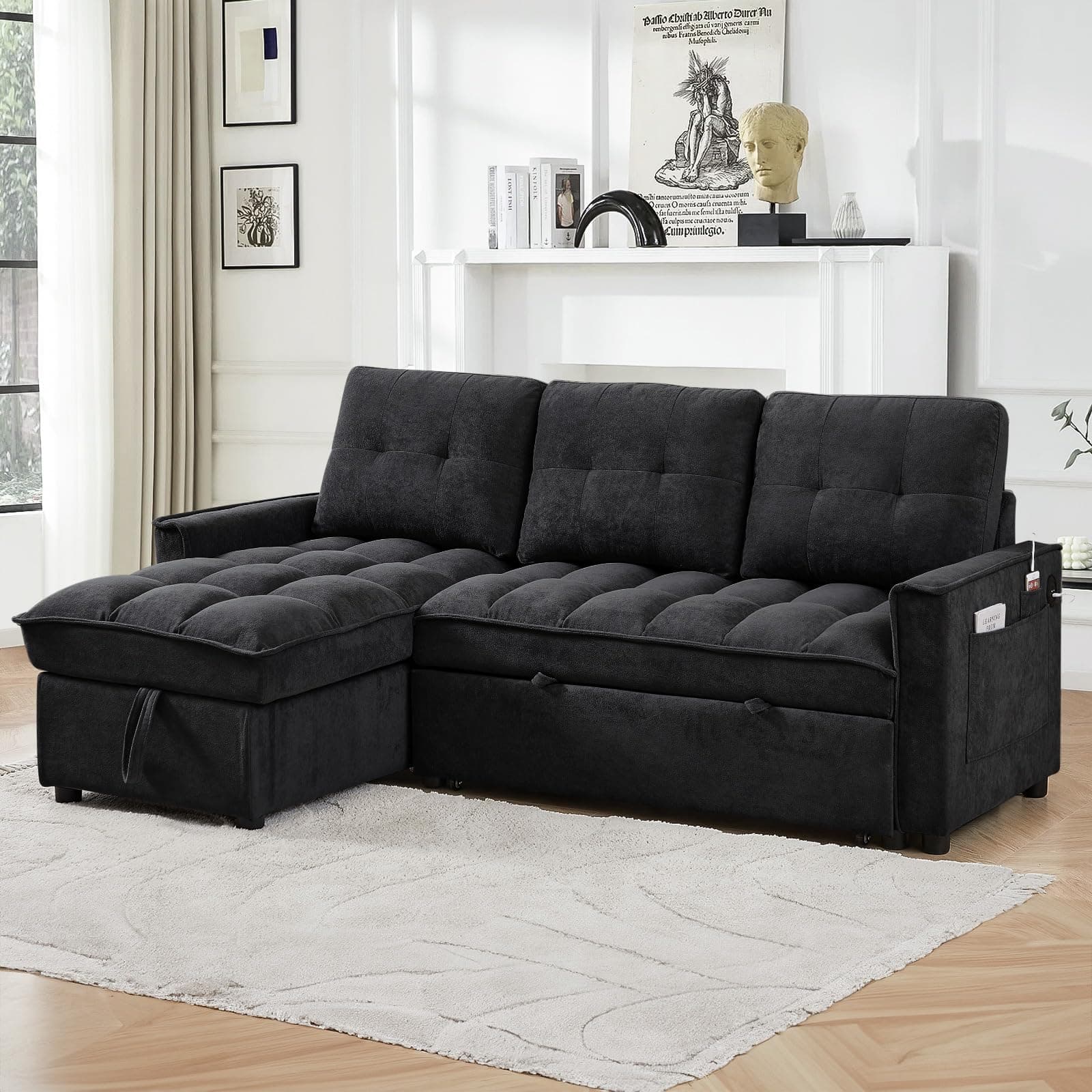 Reversible L-Shaped Sleeper Sofa Couch, Black with Storage & USB Ports