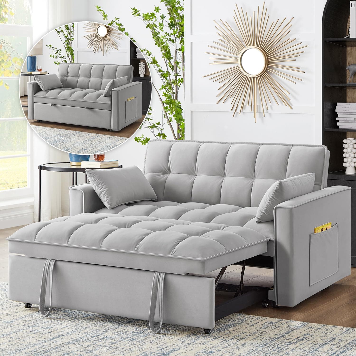 Gray Velvet 3-in-1 Convertible Sleeper Sofa Bed with Armrests, Storage Pockets & 2 Pillows for Living Room, Apartment, Bedroom, or Office