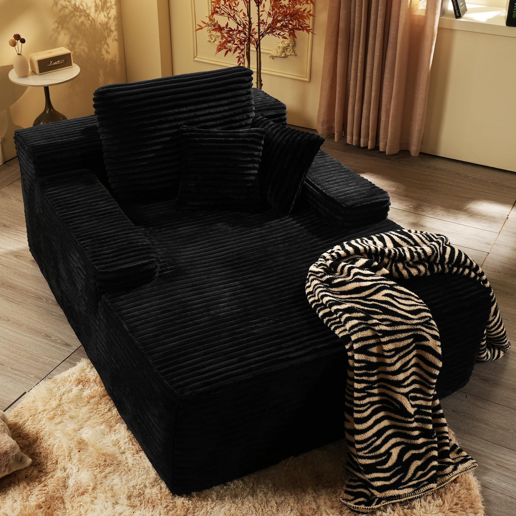 Oversized Chaise Lounge Chair - Black Faux Fur Sofa Bed (67"x48")