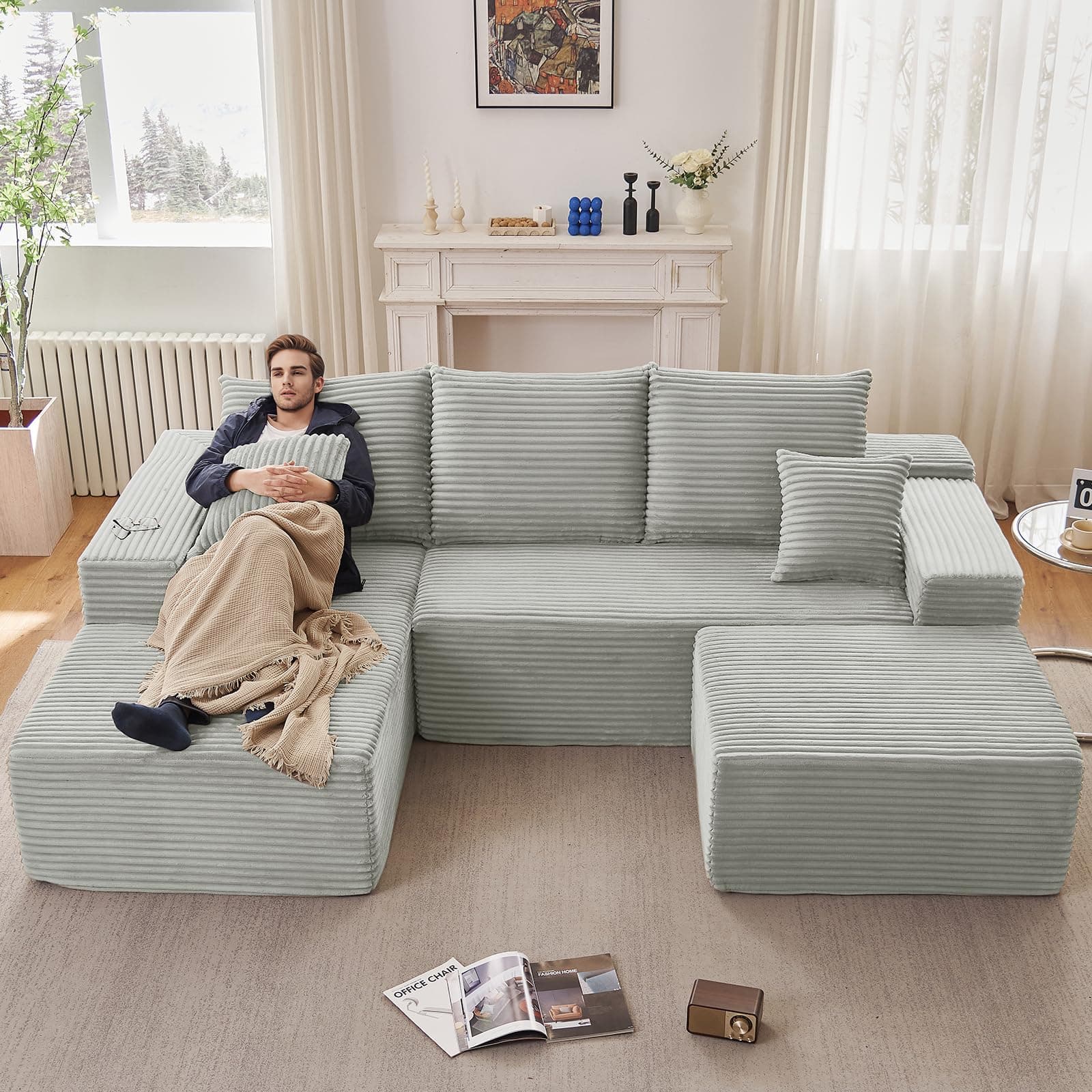 107" Grey Left-Facing Modular U-Shaped Couch with Chaise, No Assembly Required