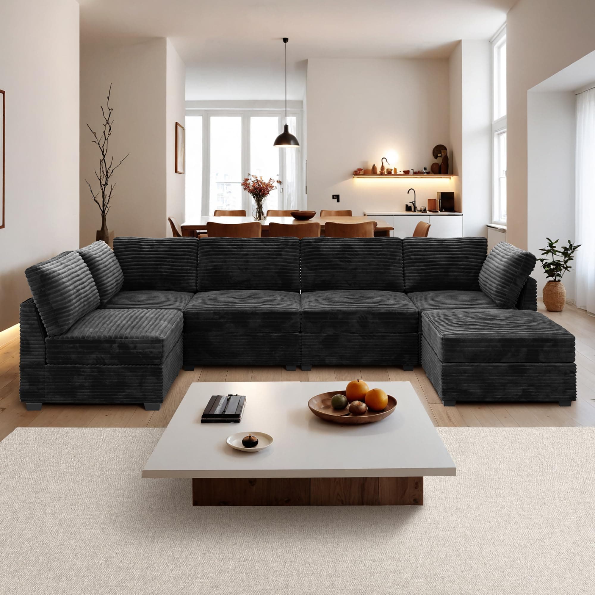 Ovios 130.7" U-Shaped Sofa Bed Living Room Set, 6 Seater, Black