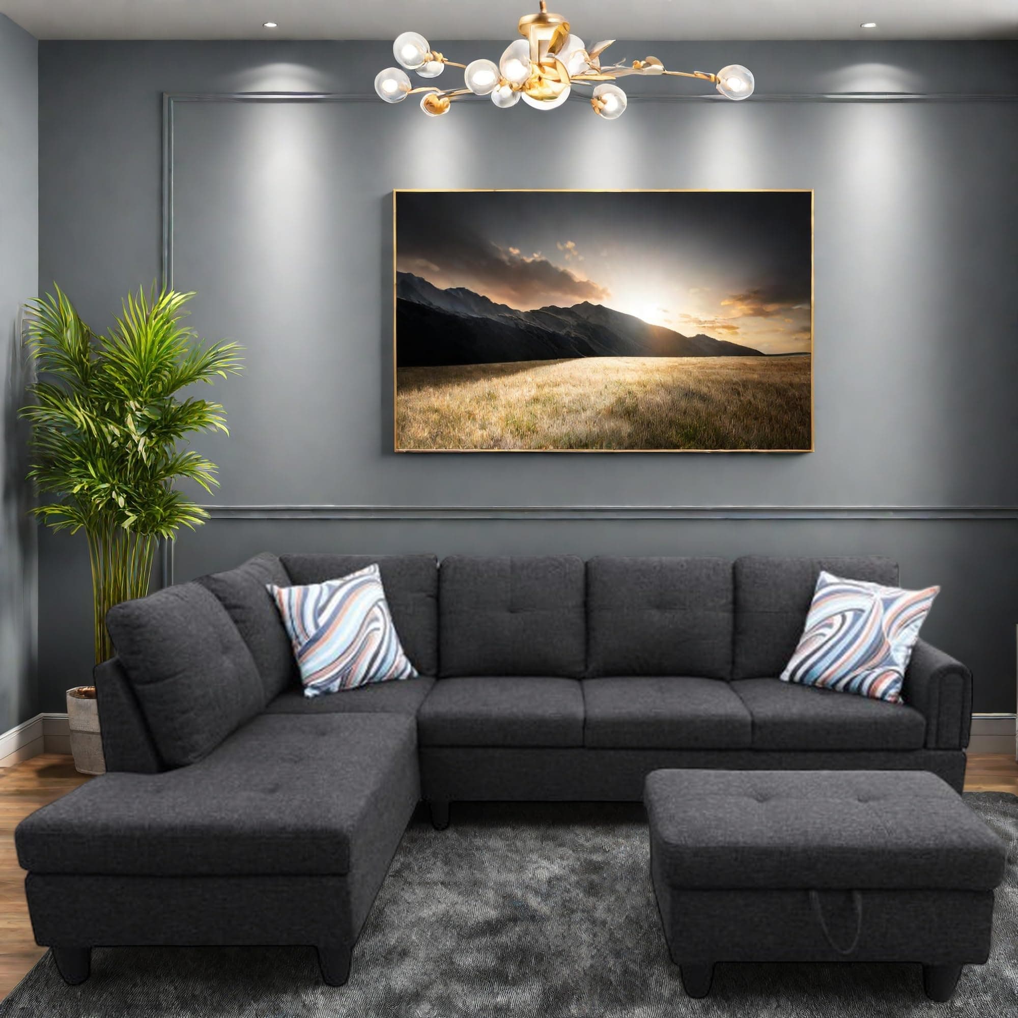 L-Shaped Couch with Chaise, 6 Seat Modern Living Room Sectional in Black/Grey with Storage